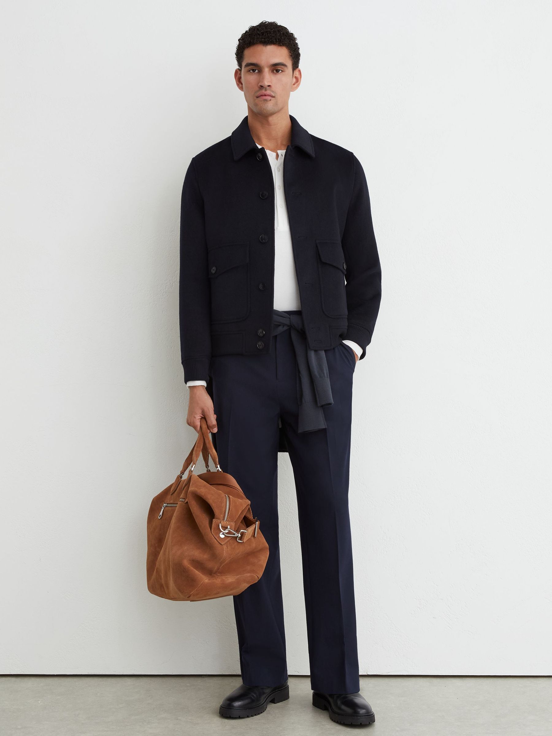 Wool-Blend Flap-Pocket Bomber Jacket in Navy - Obrázek 3 z 7