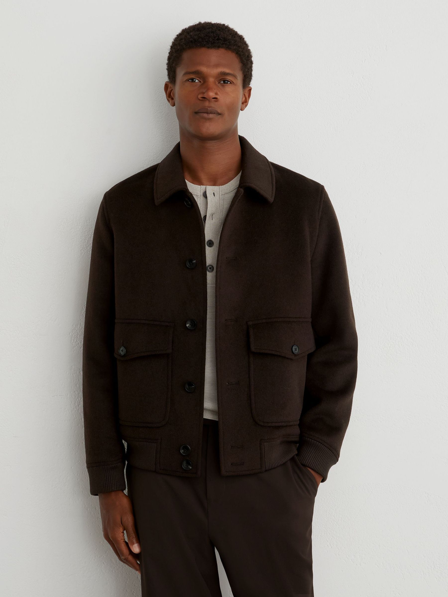 Wool-Blend Flap-Pocket Bomber Jacket in Chocolate Brown - Image 1 of 7