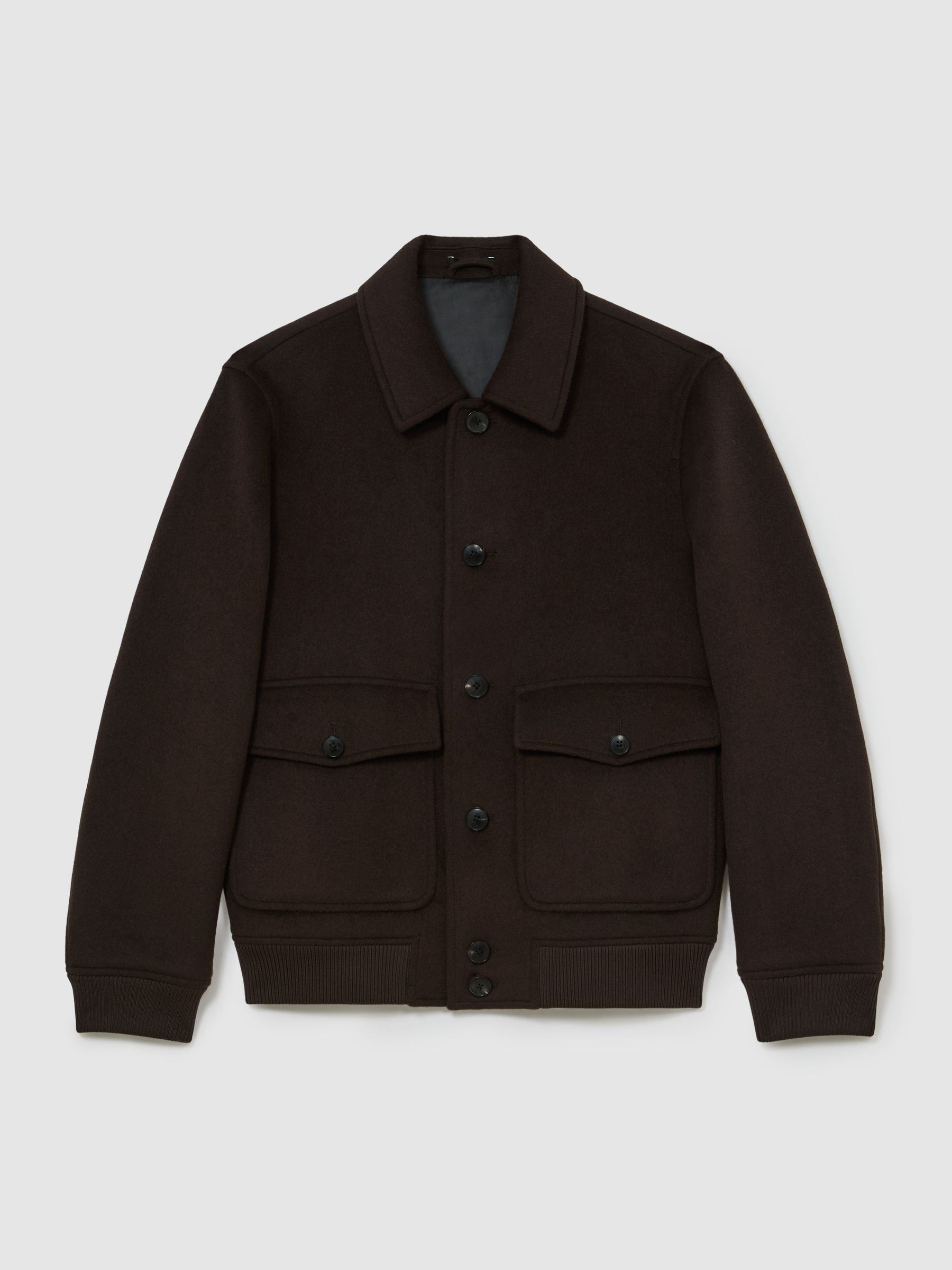 Wool-Blend Flap-Pocket Bomber Jacket in Chocolate Brown - Image 2 of 7 Wool-Blend Flap-Pocket Bomber Jacket in Chocolate Brown - Image 2 of 7