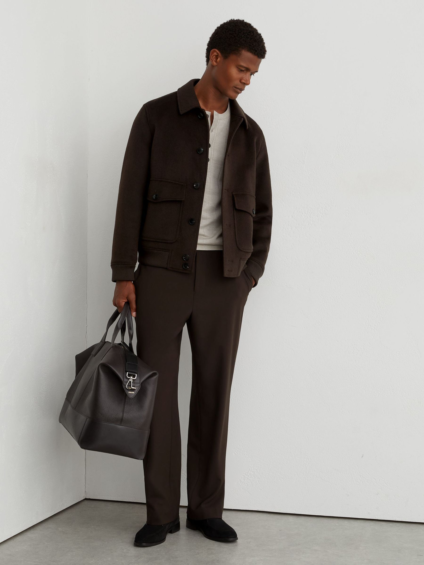 Wool-Blend Flap-Pocket Bomber Jacket in Chocolate Brown - Image 4 of 7