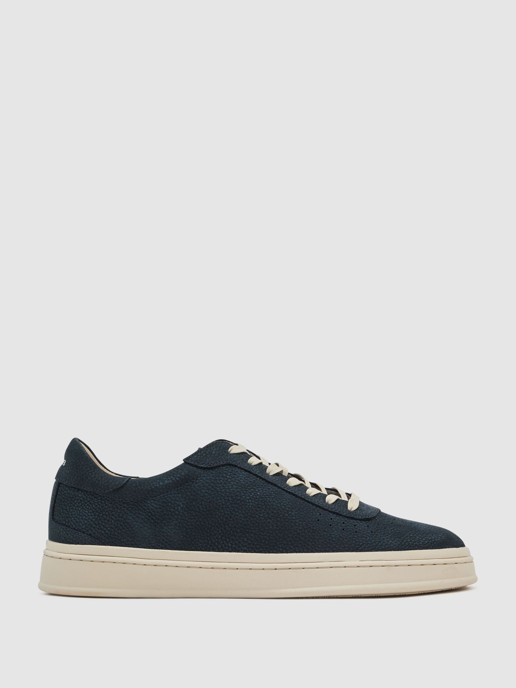 Nubuck Leather Perforated-Detail Trainers in Navy - Image 2 of 5