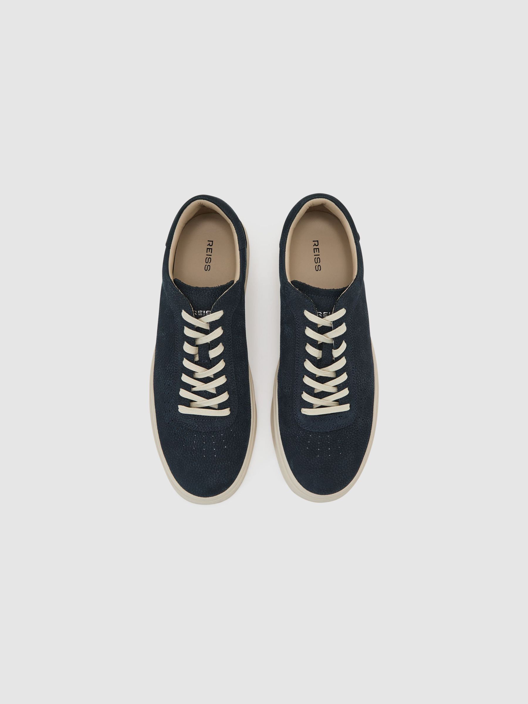 Nubuck Leather Perforated-Detail Trainers in Navy - Image 3 of 5