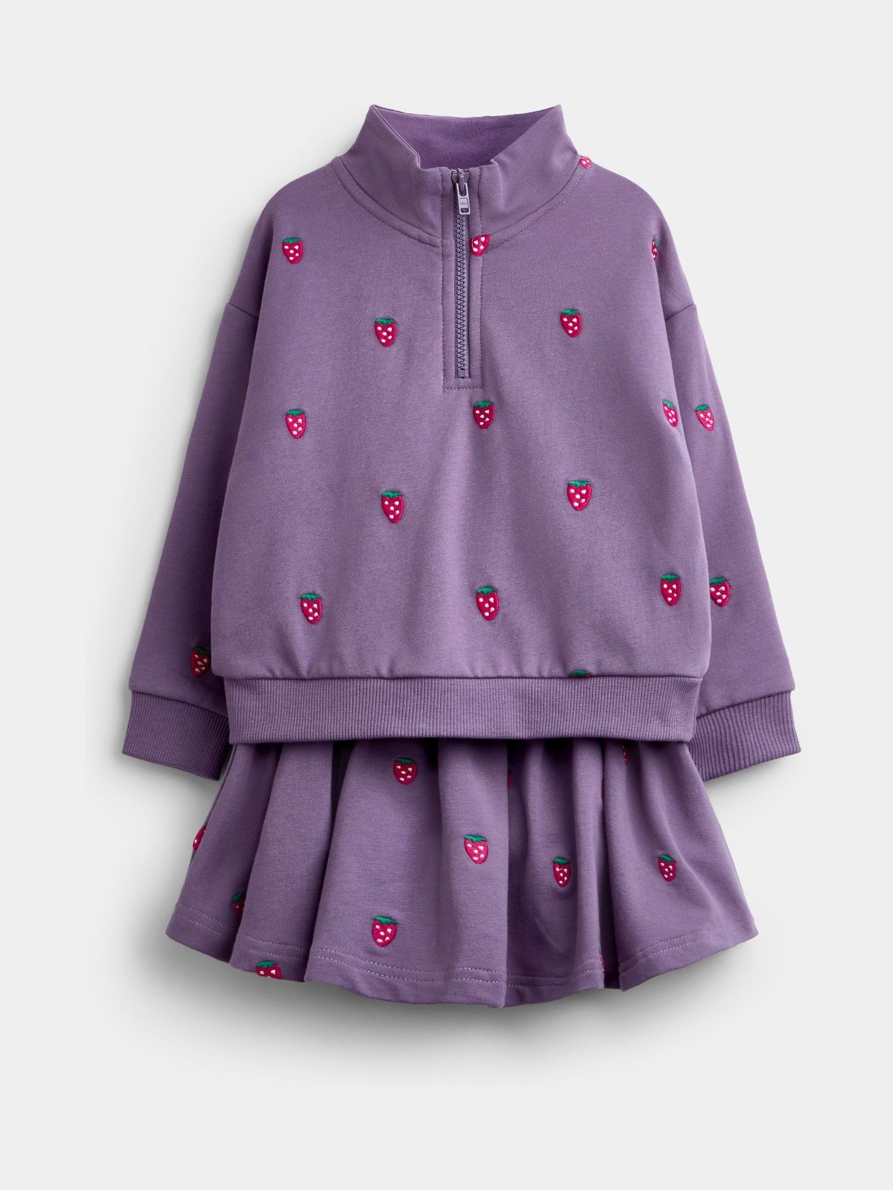 Dark Purple Strawberry Embroidered Sweatshirt And Skirt Set - Image 1 of 6