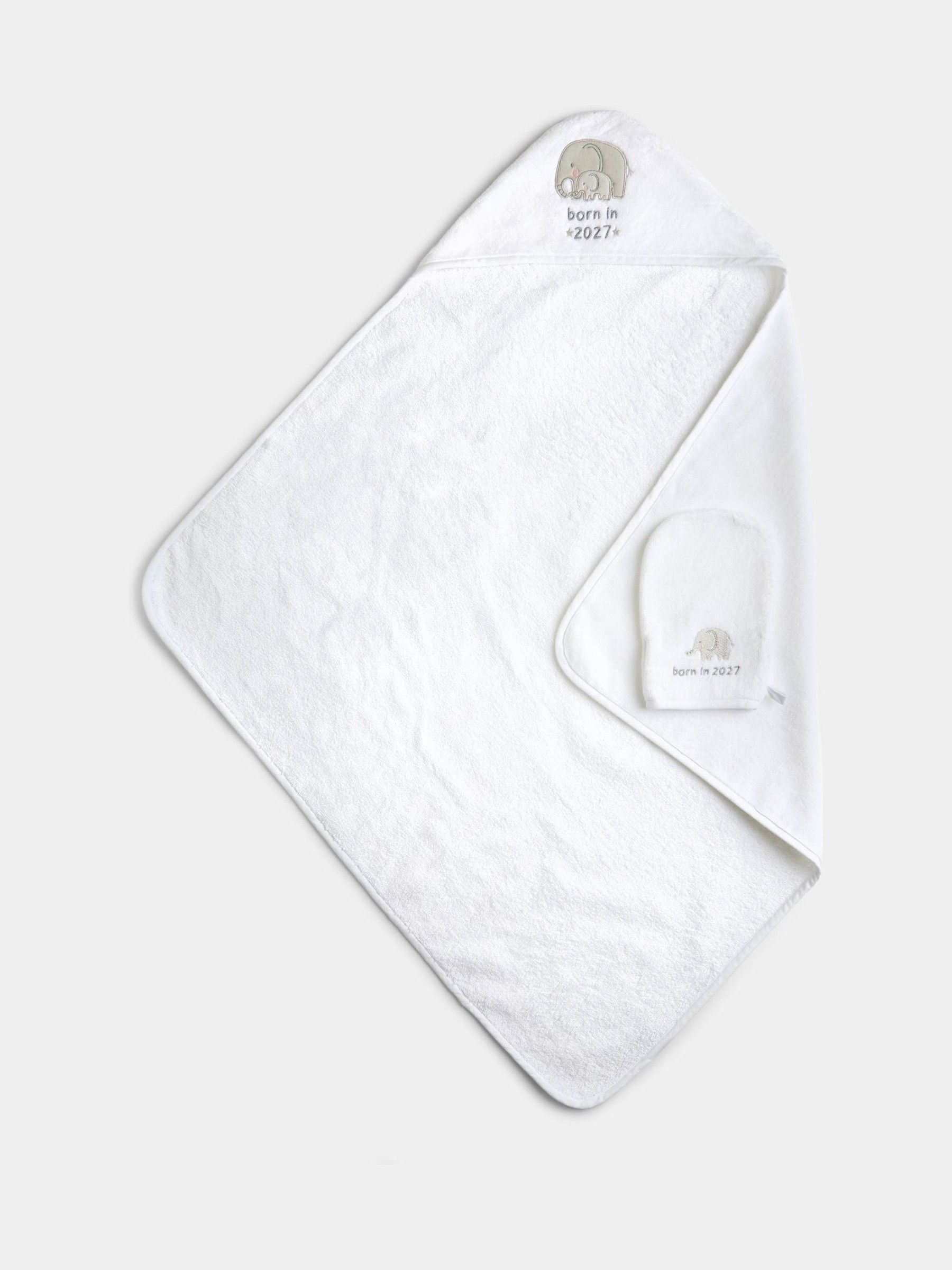Light Grey Born in 2027 Hooded Towel & Wash Mitt - Image 1 of 6 Light Grey Born in 2027 Hooded Towel & Wash Mitt - Image 1 of 6