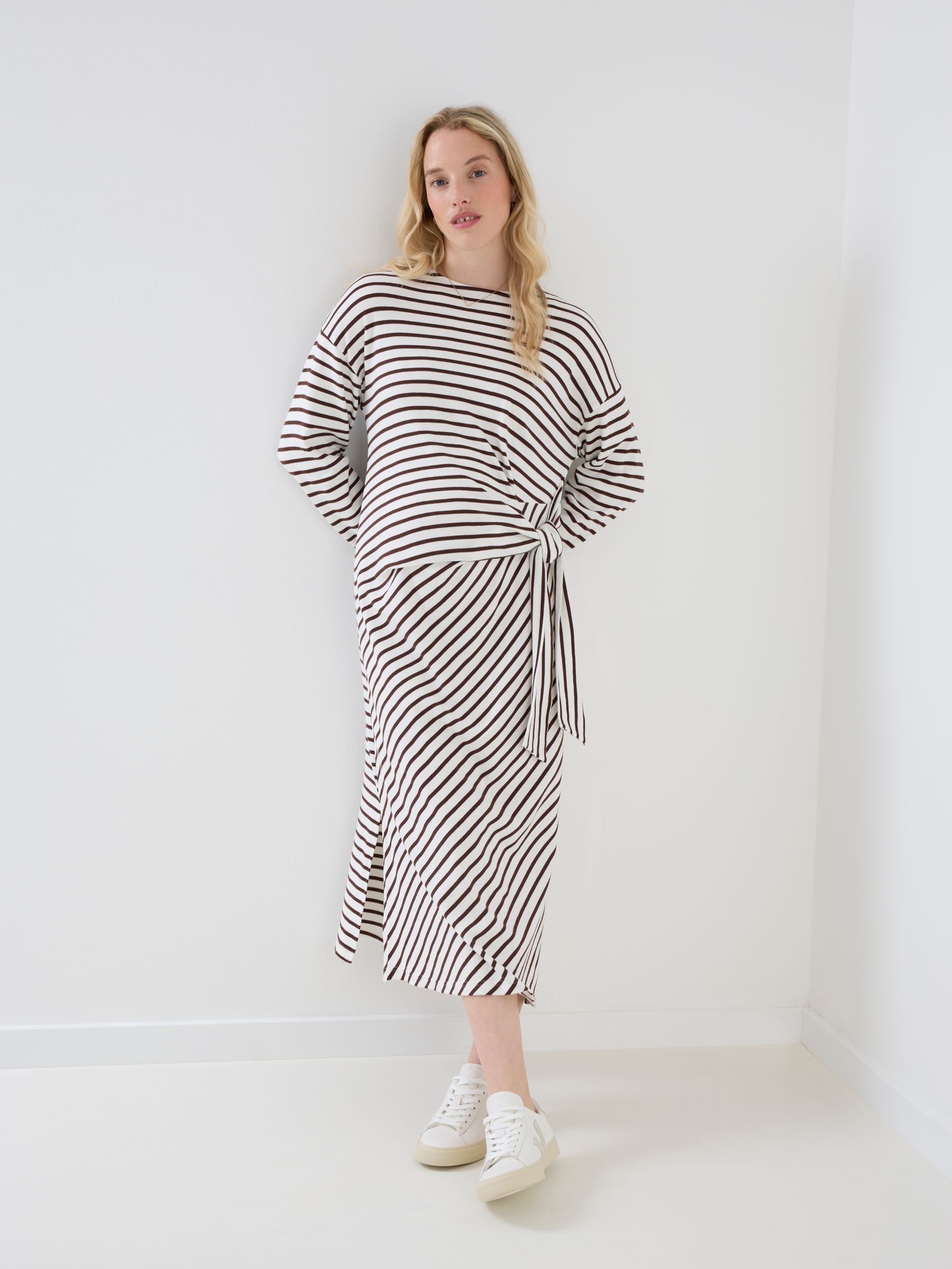 Cream Stripe Long Sleeve Maternity T-Shirt Dress - Image 1 of 4 Cream Stripe Long Sleeve Maternity T-Shirt Dress - Image 1 of 4