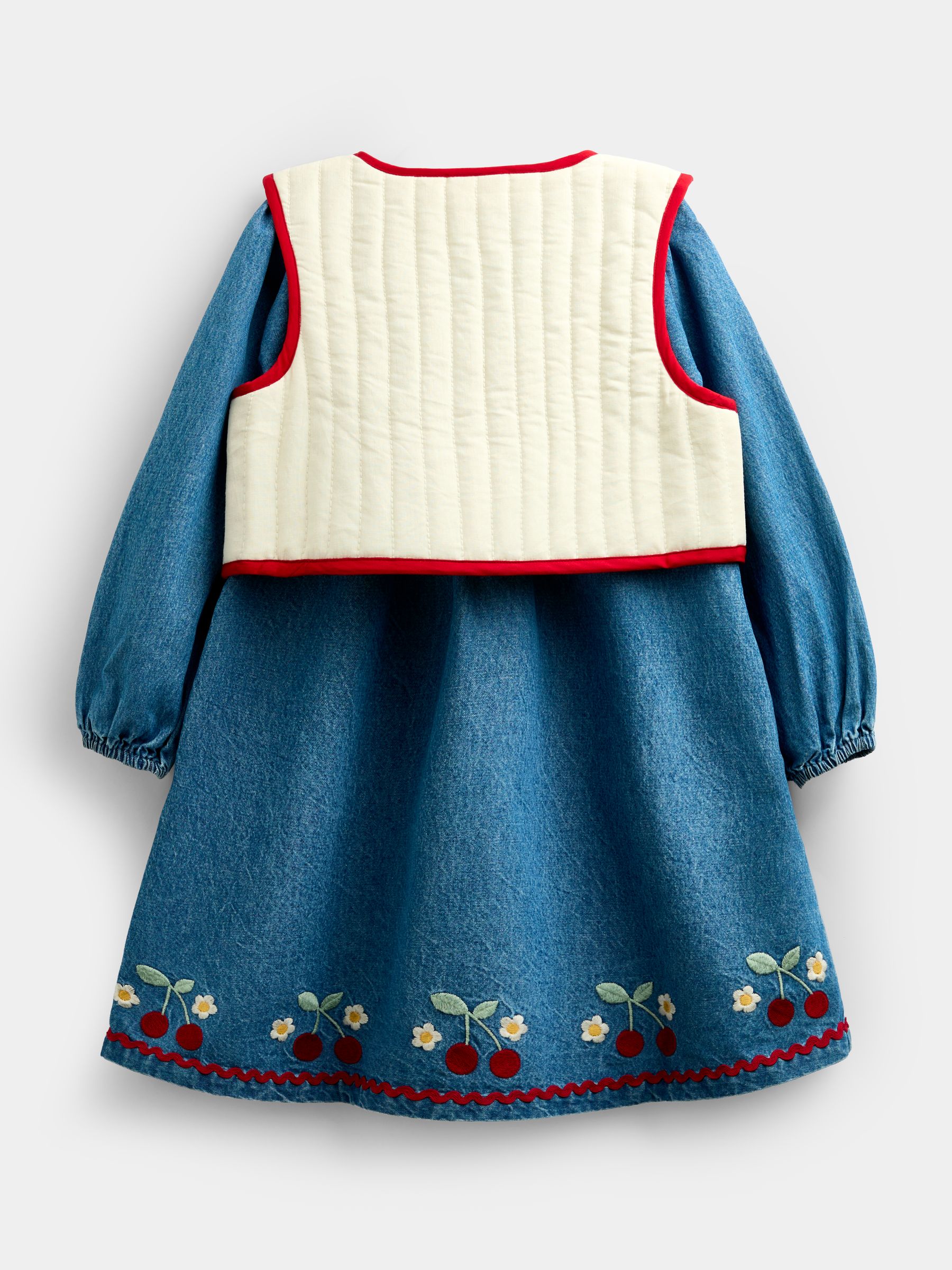 Denim Cherry Embroidered Denim Dress & Quilted Waistcoat - Image 3 of 9