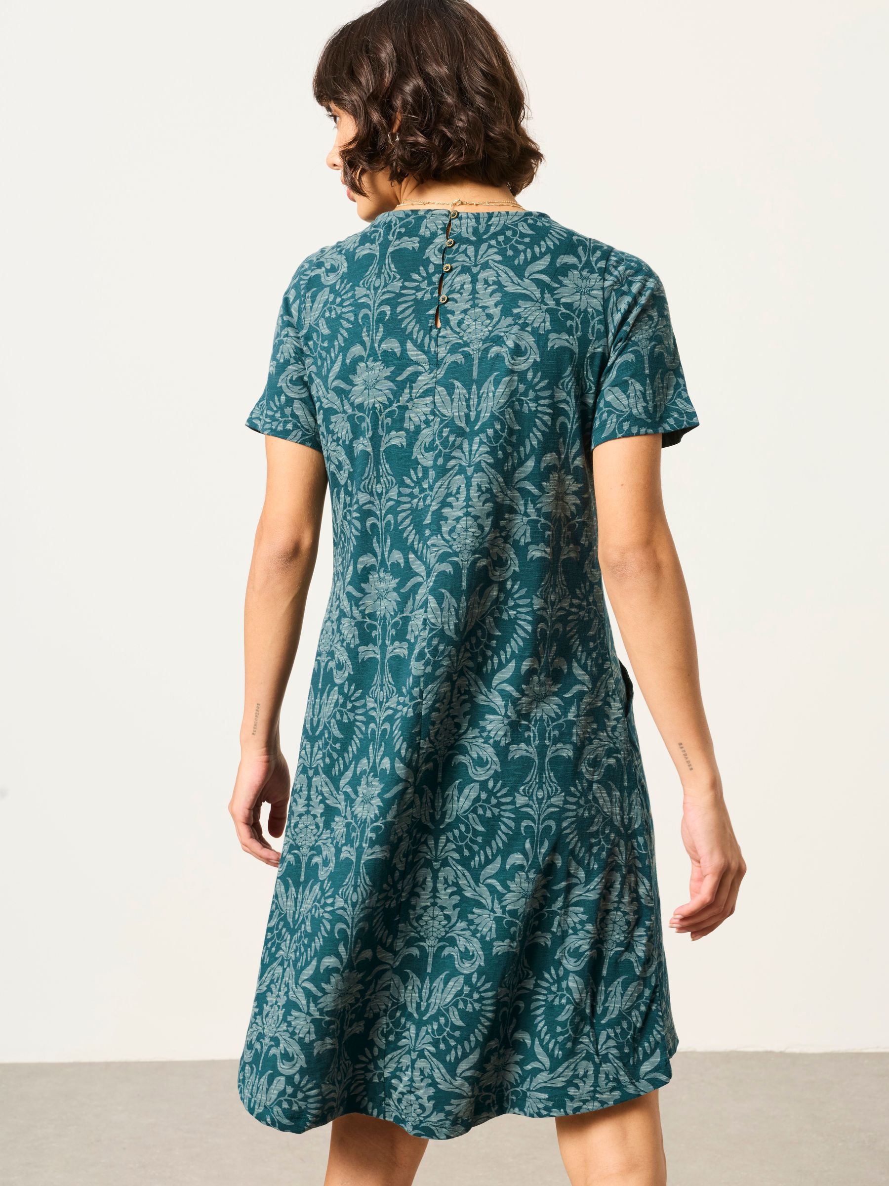 Simone Teal Blue Damask Petite Floral Jersey Dress - Image 2 of 5