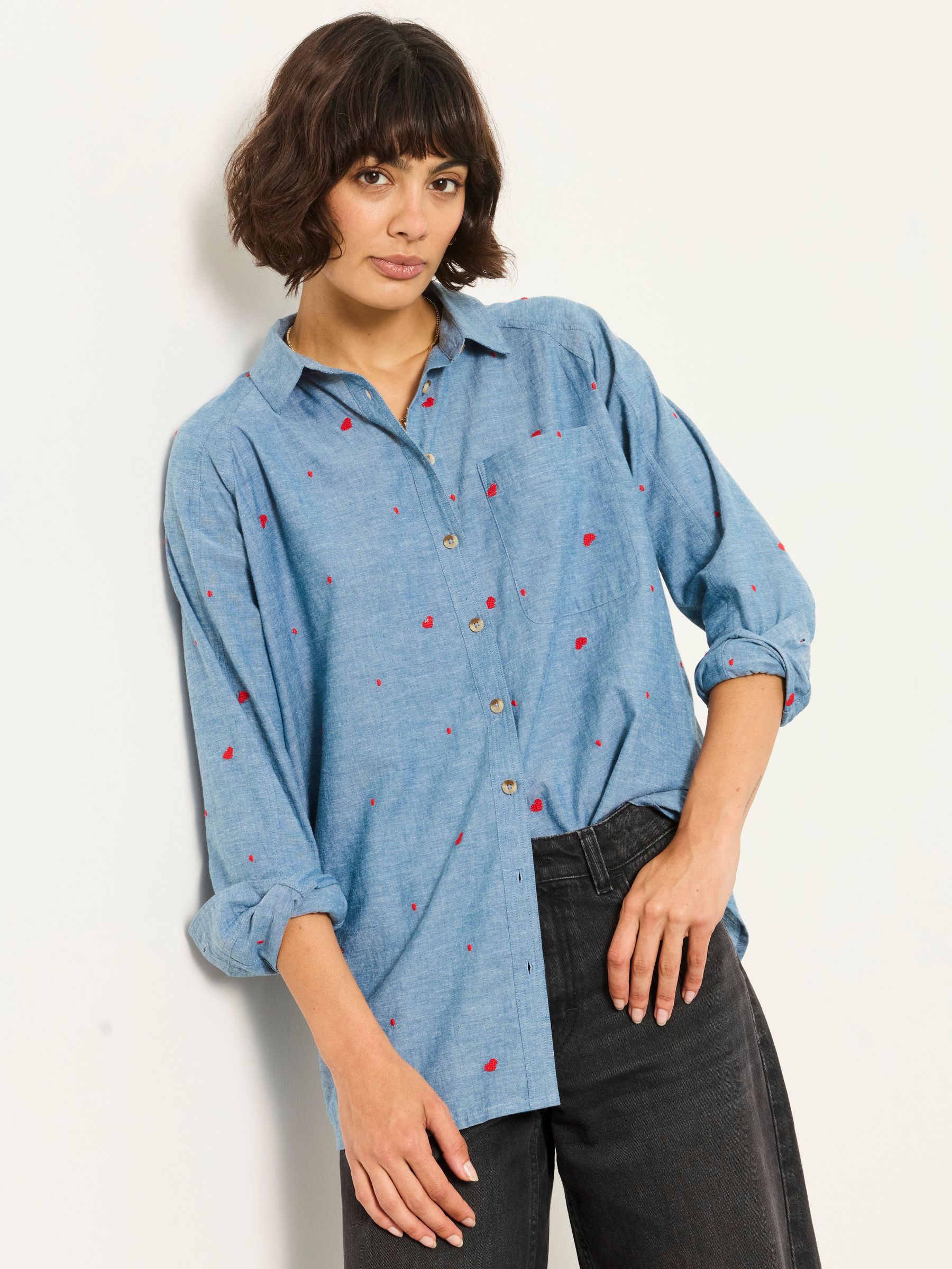 Bessie Chambray Blue Petite Embroidered Check Shirt - Image 1 of 5