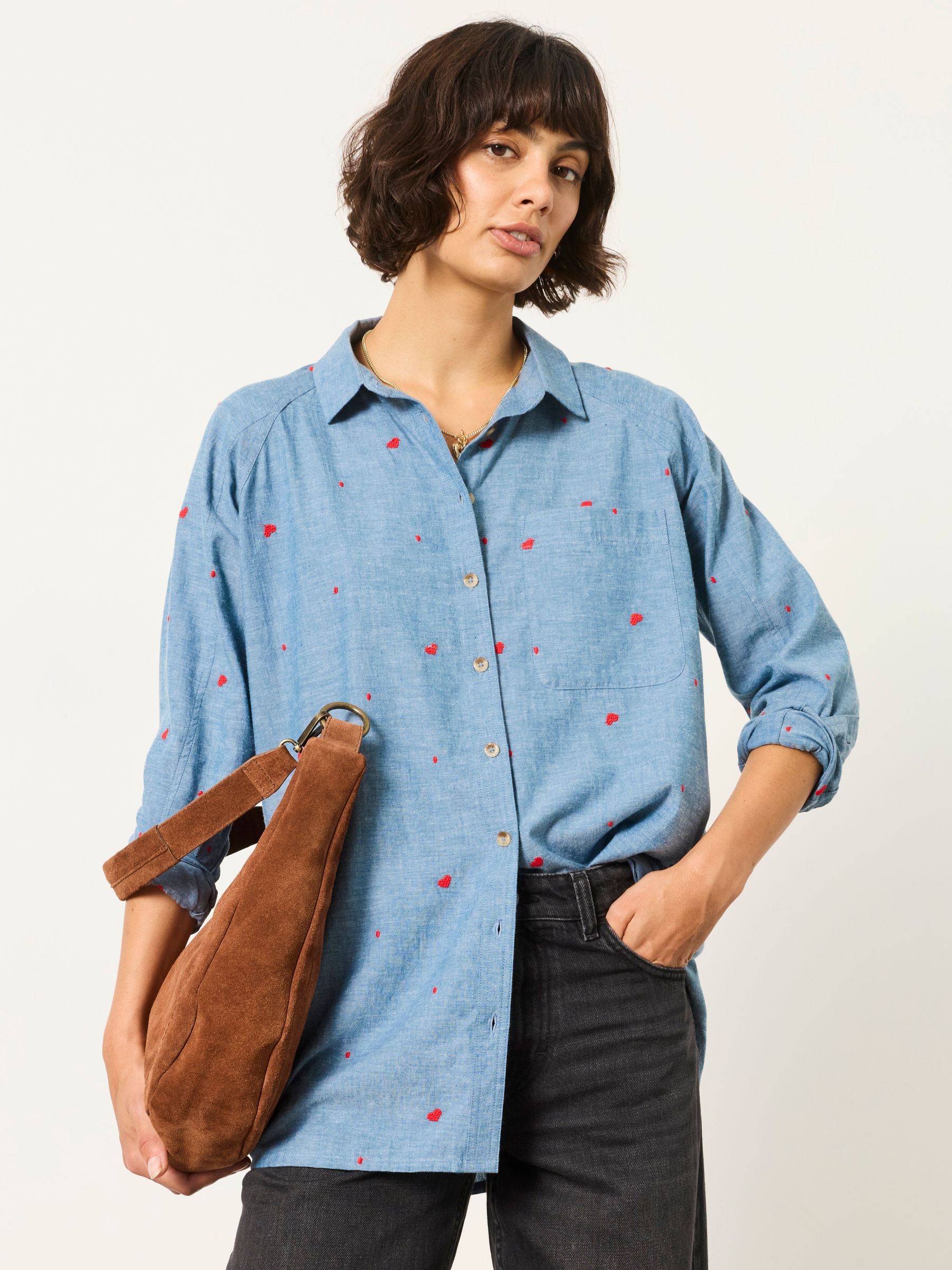 Bessie Chambray Blue Petite Embroidered Check Shirt - Image 3 of 5