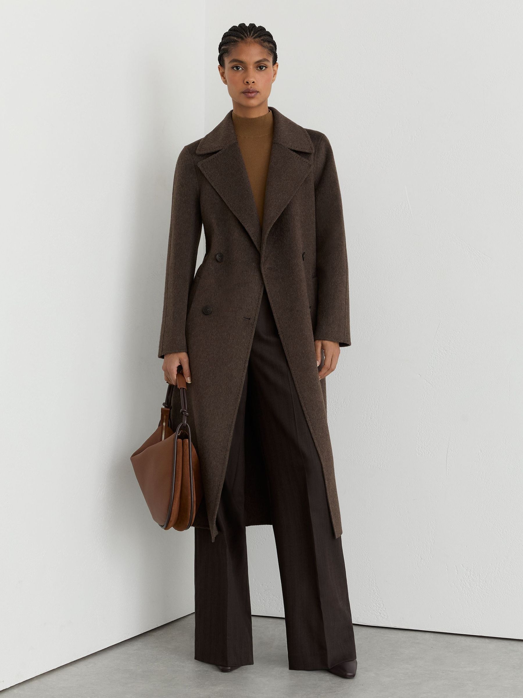 Double-Breasted Blind-Seam Coat Wool-Blend with Cashmere in Mocha Brown - Image 7 of 8