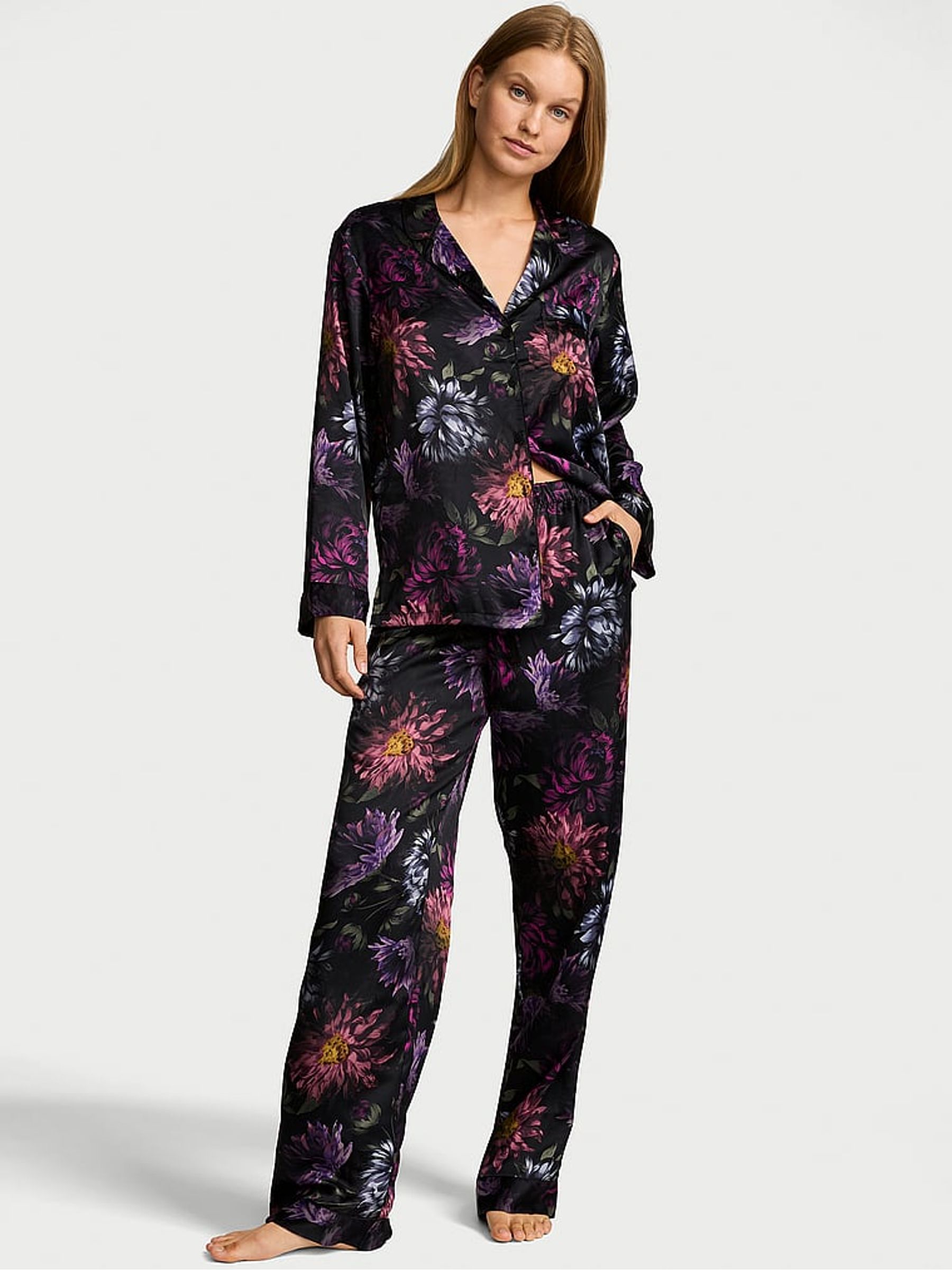 Black Floral Satin Long Pyjamas Set - Image 1 of 3