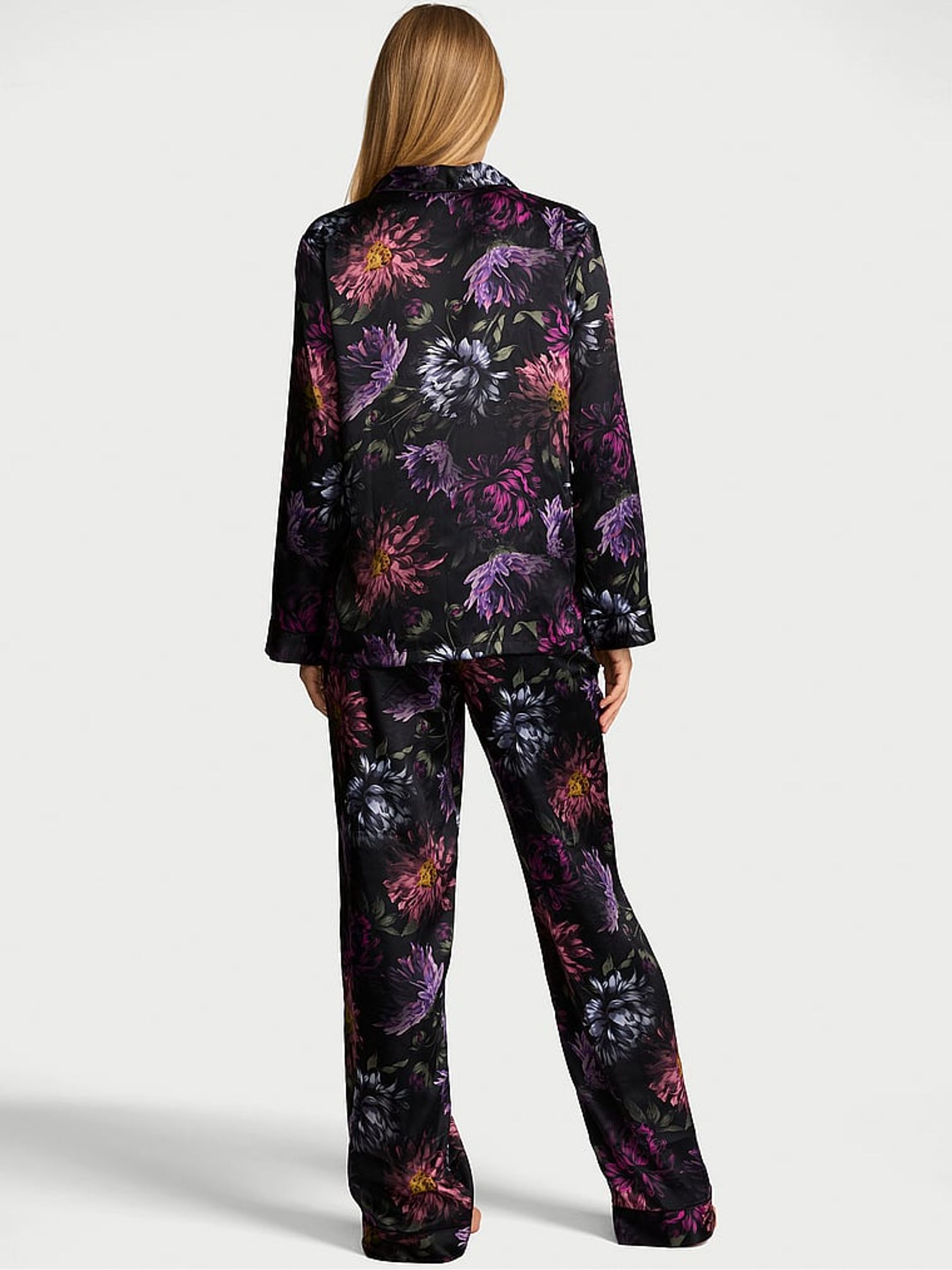 Black Floral Satin Long Pyjamas Set - Image 2 of 3 Black Floral Satin Long Pyjamas Set - Image 2 of 3