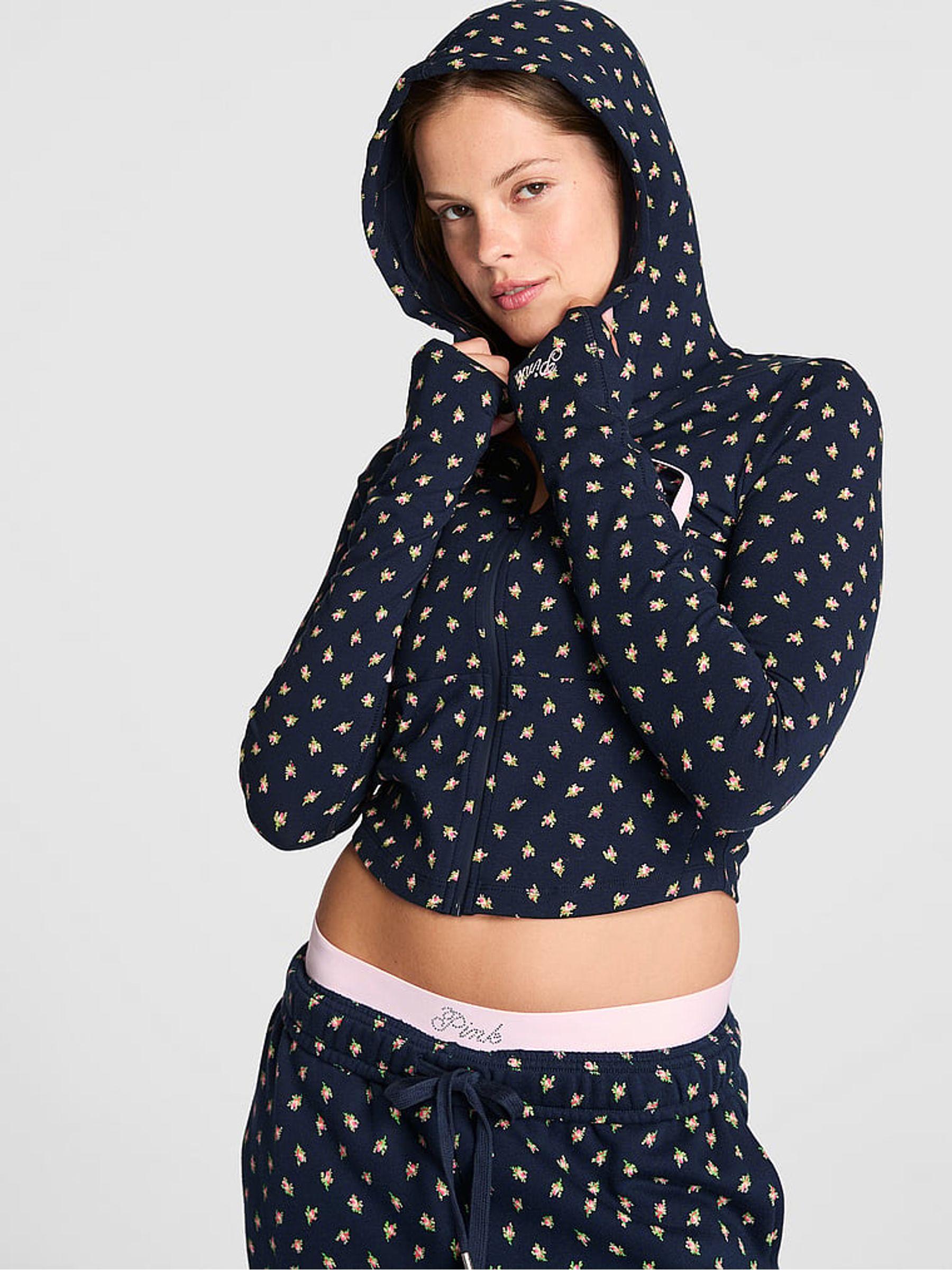 Navy Blue Foral Print Cropped Hoodie - Image 1 of 2 Navy Blue Foral Print Cropped Hoodie - Image 1 of 2