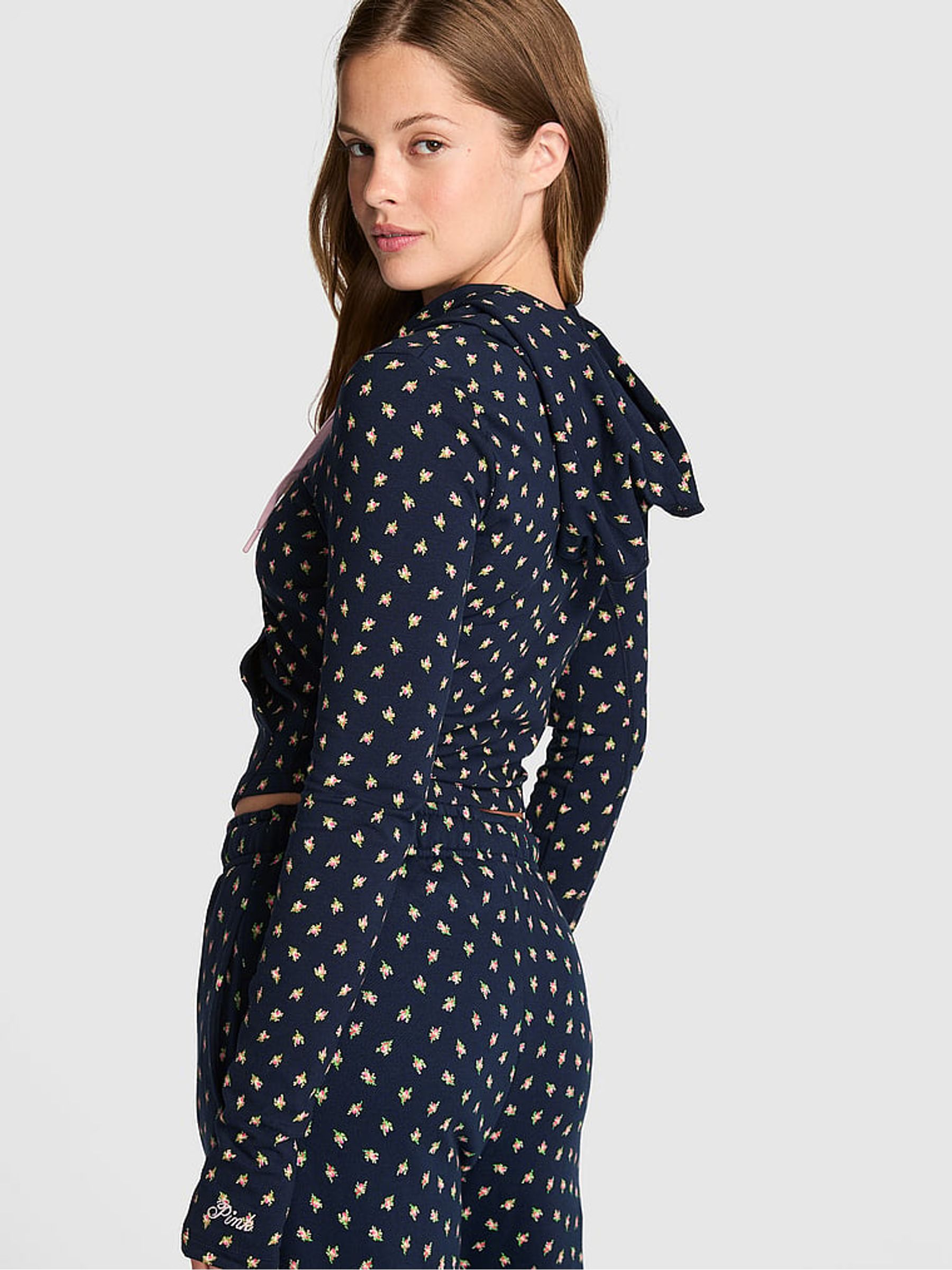 Navy Blue Foral Print Cropped Hoodie - Image 2 of 2 Navy Blue Foral Print Cropped Hoodie - Image 2 of 2