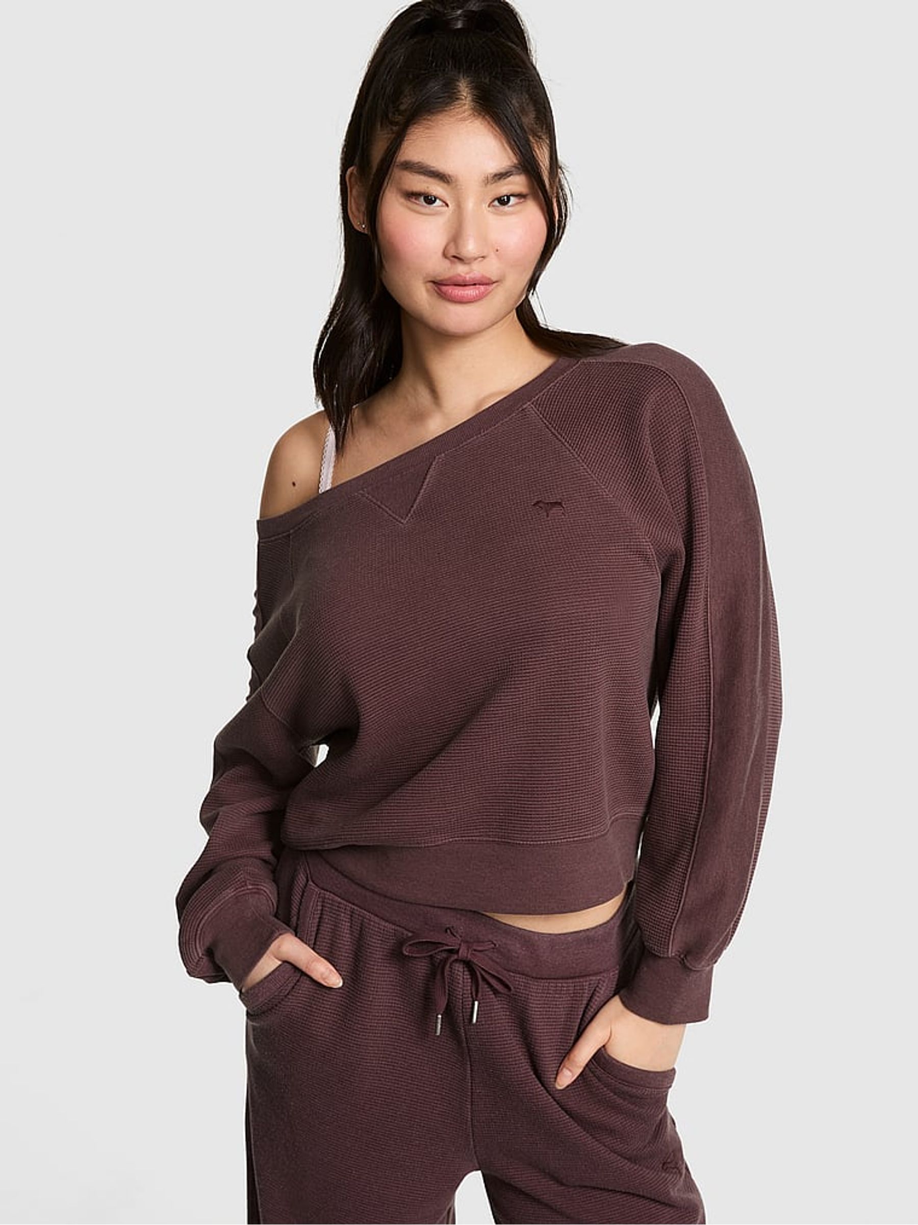 Coco Crush Brown Off The Shoulder Waffle Sweatshirt - Image 1 of 2