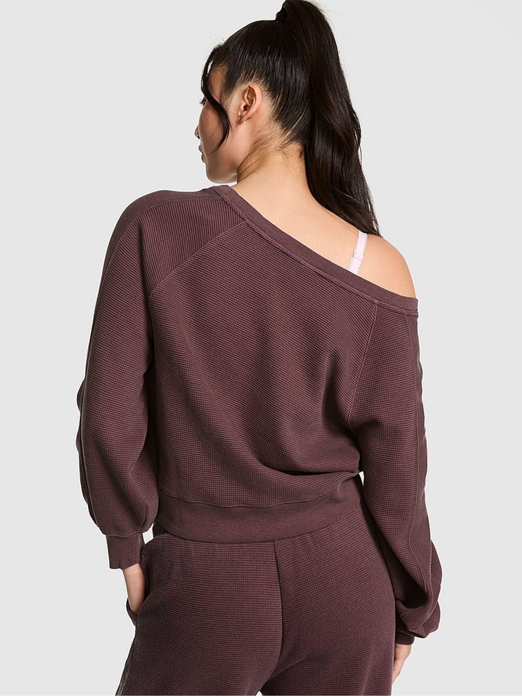 Coco Crush Brown Off The Shoulder Waffle Sweatshirt - Image 2 of 2