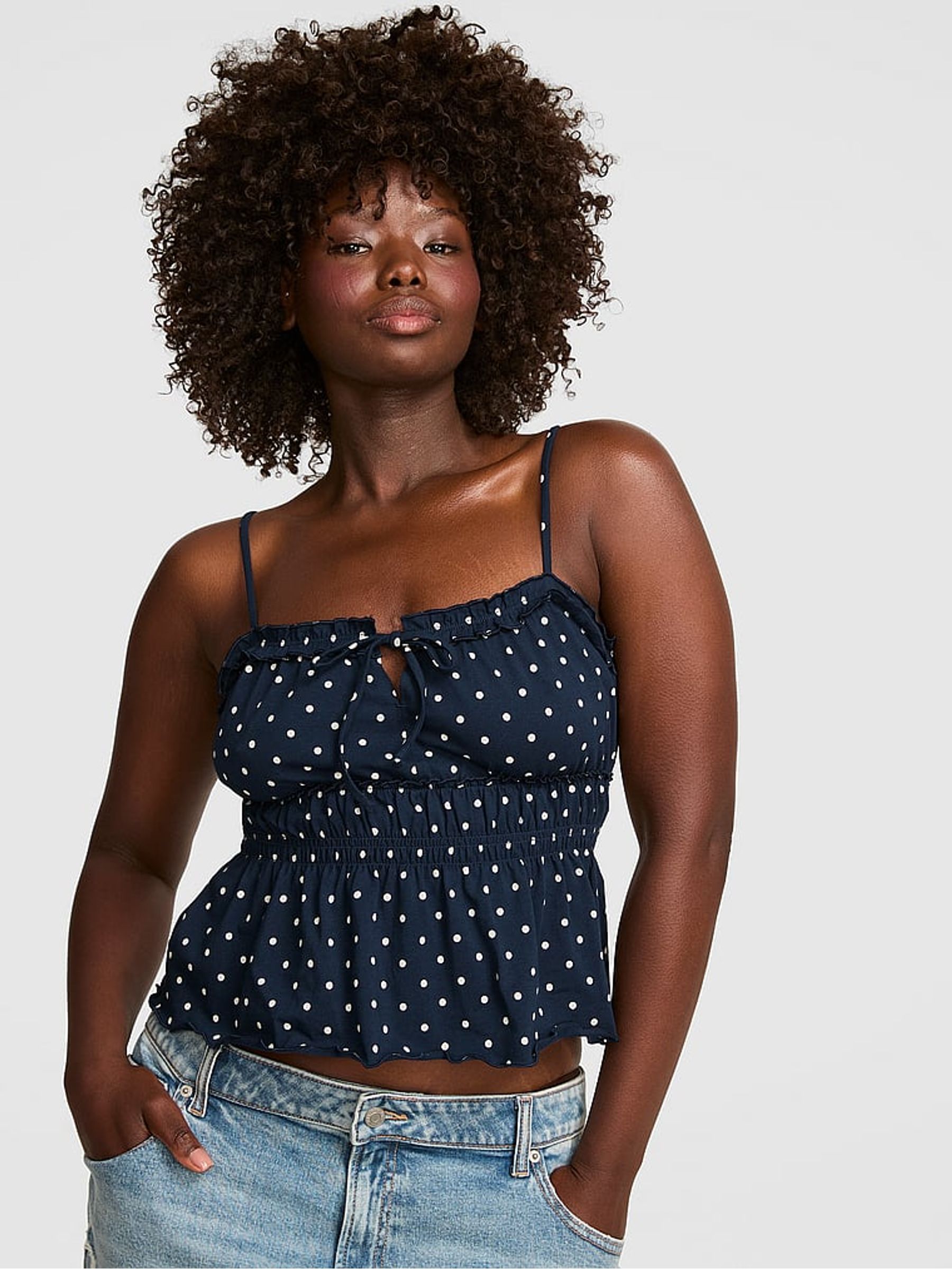 Navy Blue Polka Dot Ruffle Cami Top - Image 1 of 2