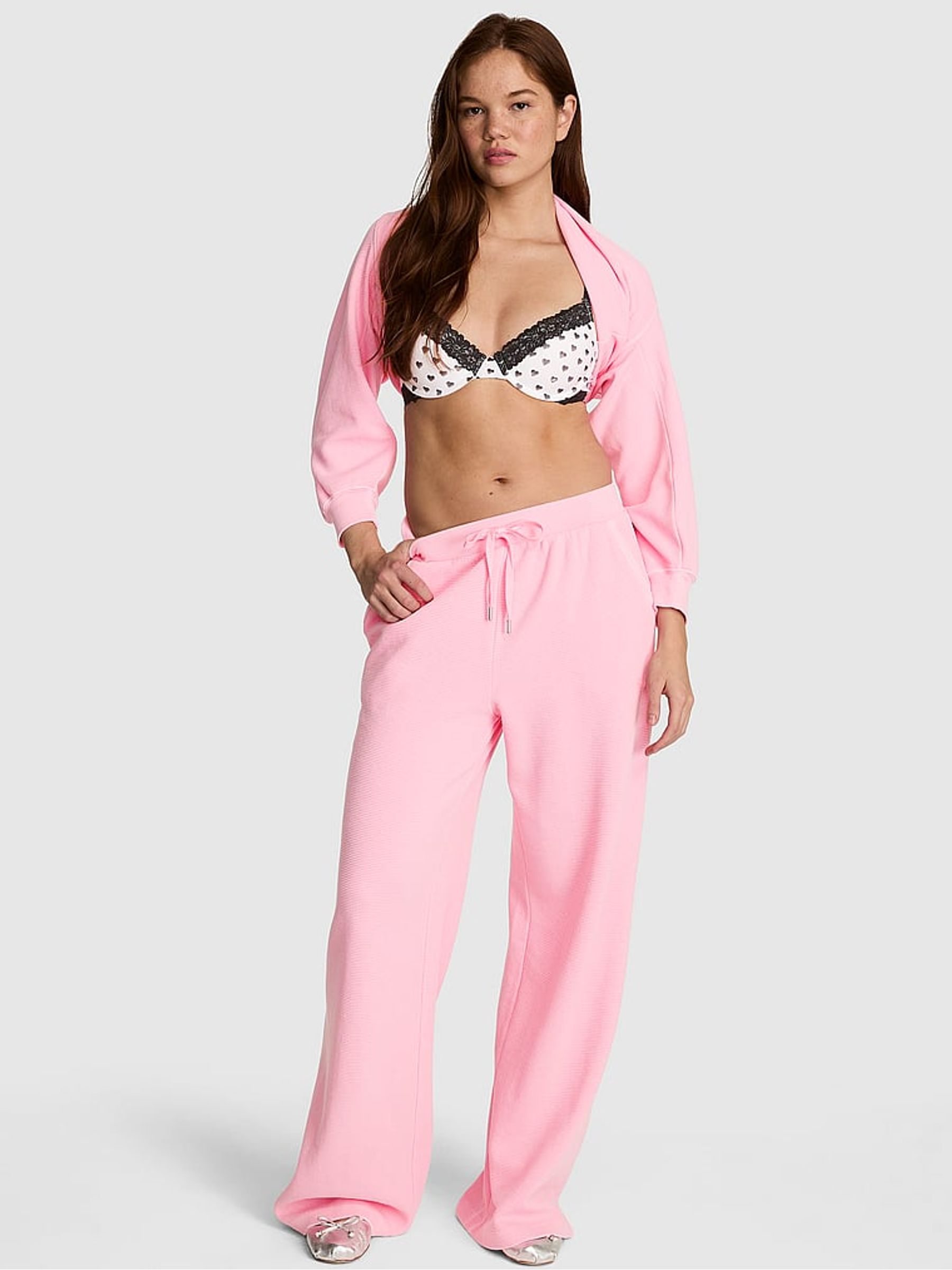 Victoria Pink Wide Leg Oversized Waffle Joggers - Image 1 of 2