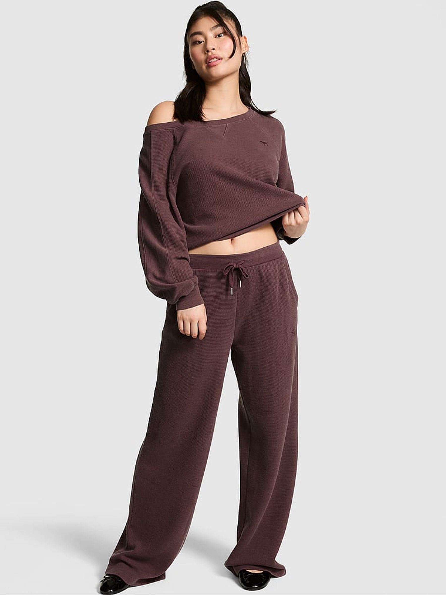 Coco Crush Brown Wide Leg Oversized Waffle Joggers - Image 1 of 2 Coco Crush Brown Wide Leg Oversized Waffle Joggers - Image 1 of 2