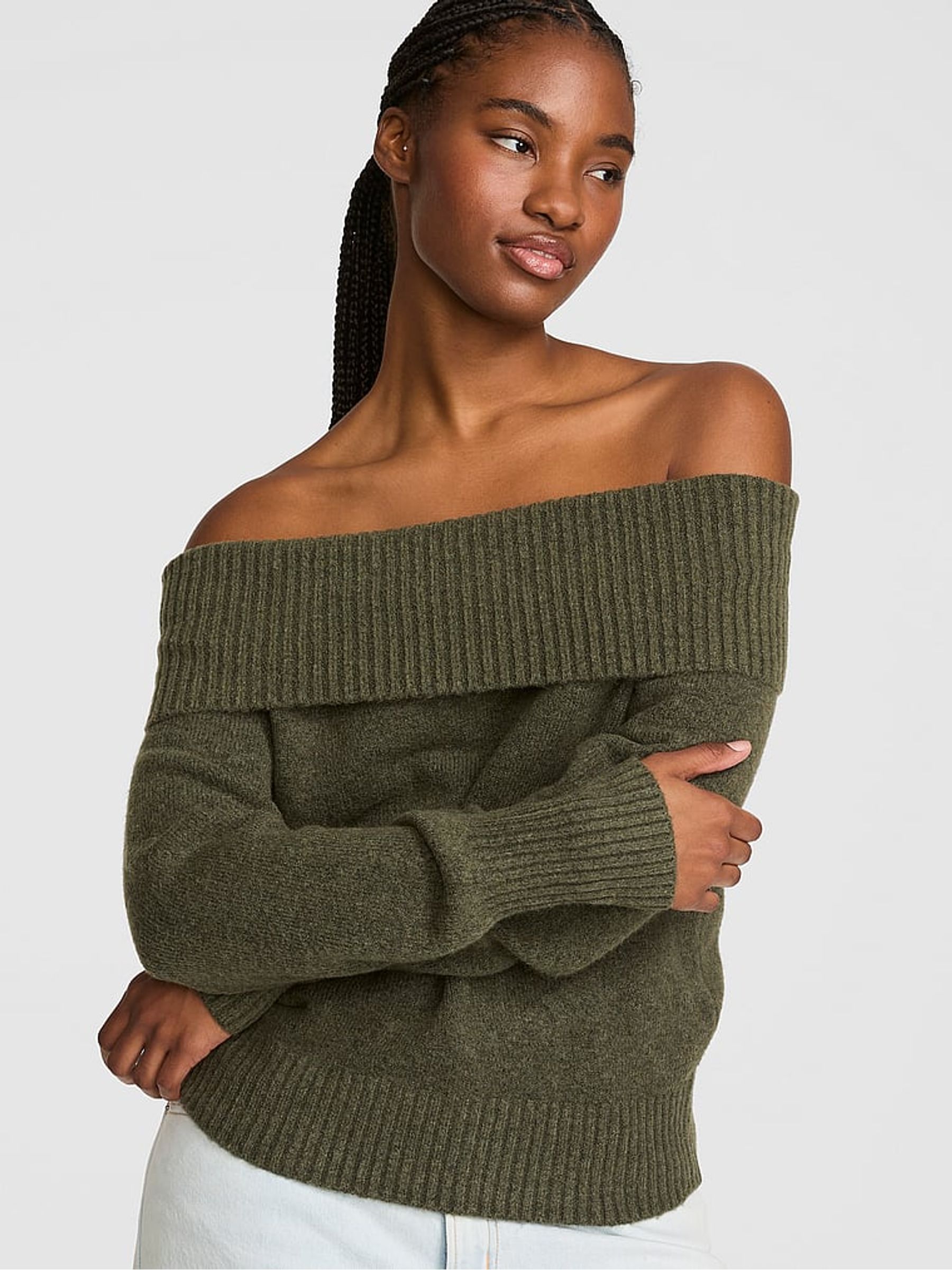 Artichoke Green Foldover Off The Shoulder Jumper - Image 1 of 2