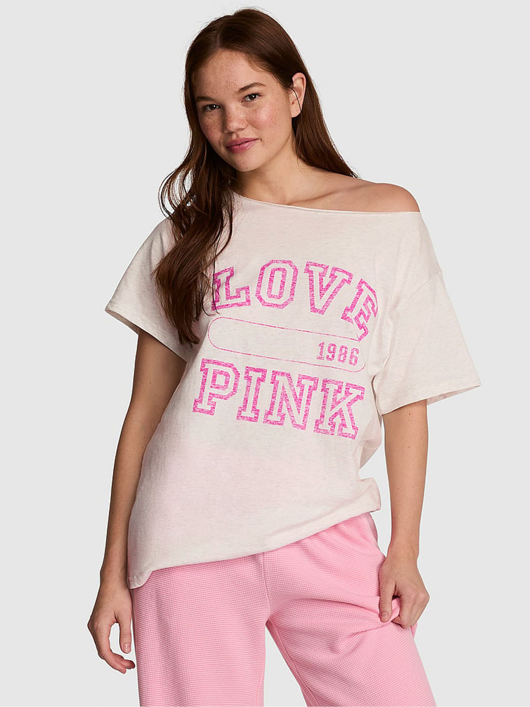 Snow Heather Grey/Pink Cotton Off The Shoulder T-Shirt - Image 1 of 2 Snow Heather Grey/Pink Cotton Off The Shoulder T-Shirt - Image 1 of 2