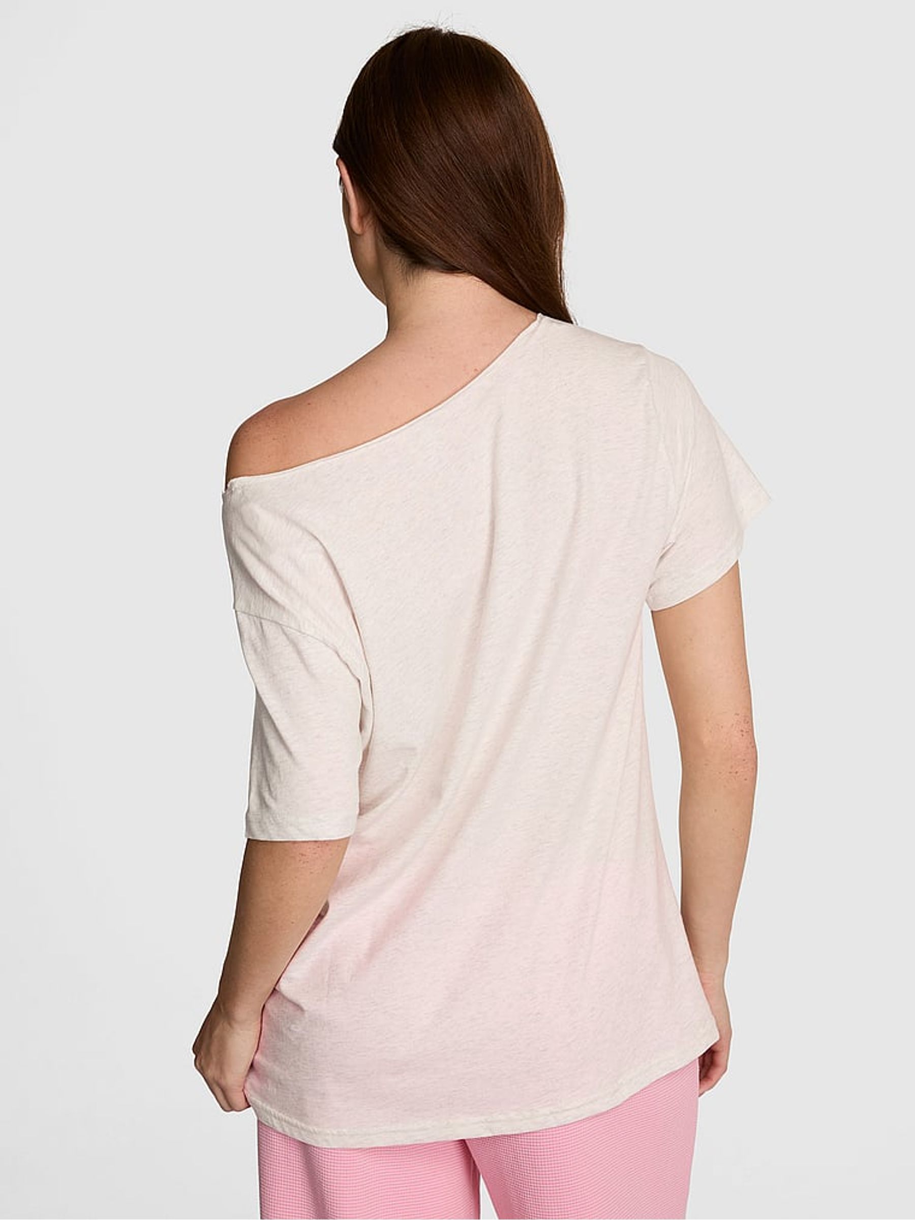 Snow Heather Grey/Pink Cotton Off The Shoulder T-Shirt - Image 2 of 2 Snow Heather Grey/Pink Cotton Off The Shoulder T-Shirt - Image 2 of 2