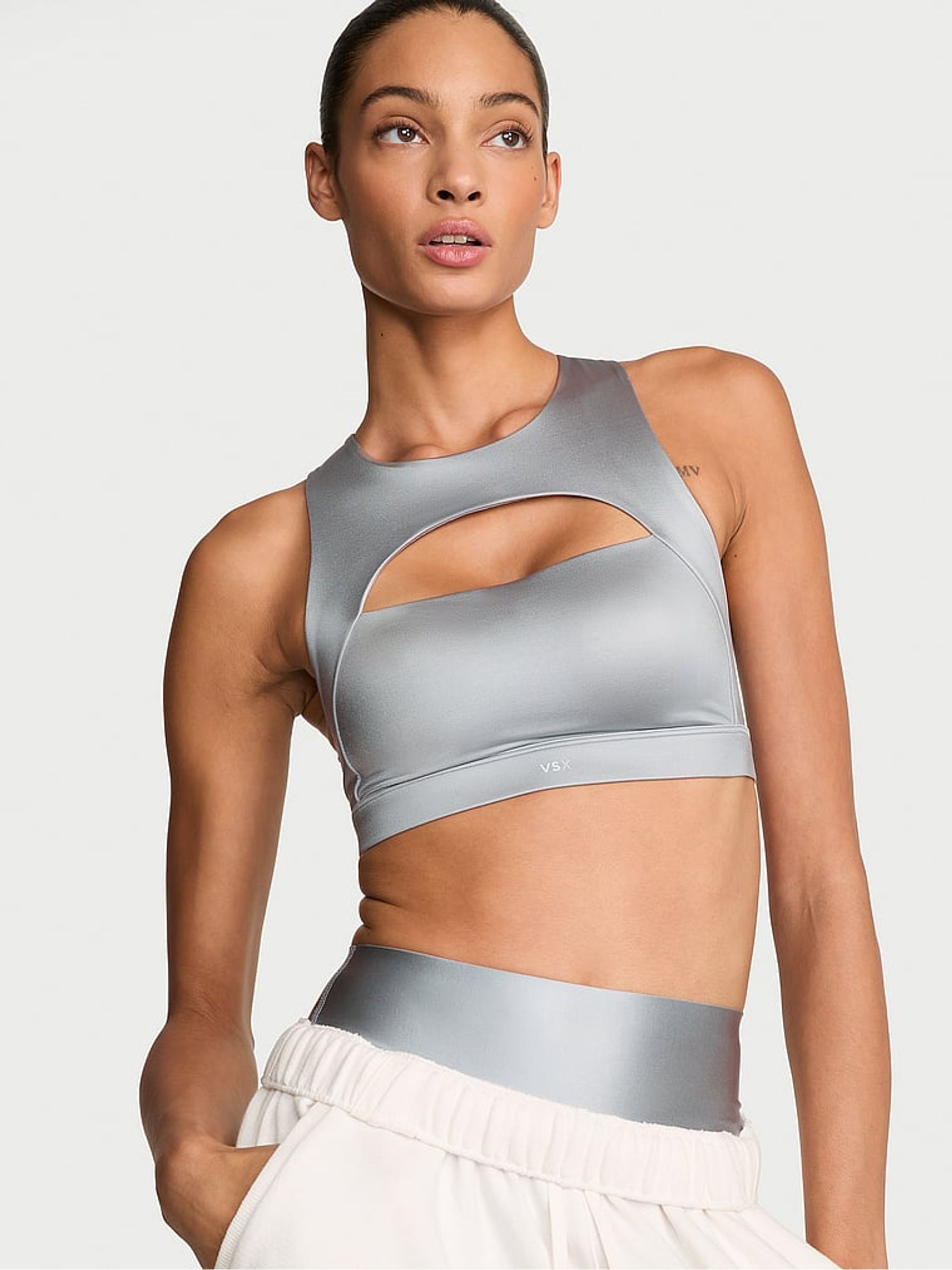 Starstruck Grey GlossyTech™ Cutout Low Impact Sports Bra - Image 2 of 3 Starstruck Grey GlossyTech™ Cutout Low Impact Sports Bra - Image 2 of 3