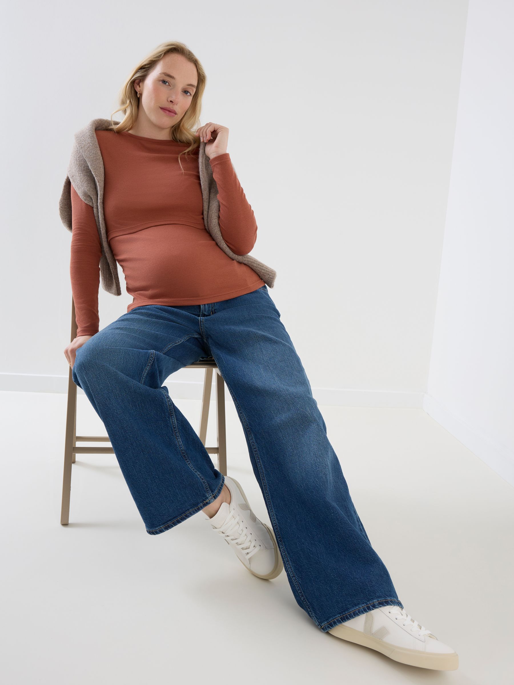 Rust Orange 2 Pack Long Sleeve Ribbed Crew Neck Nursing Top - Image 3 of 10