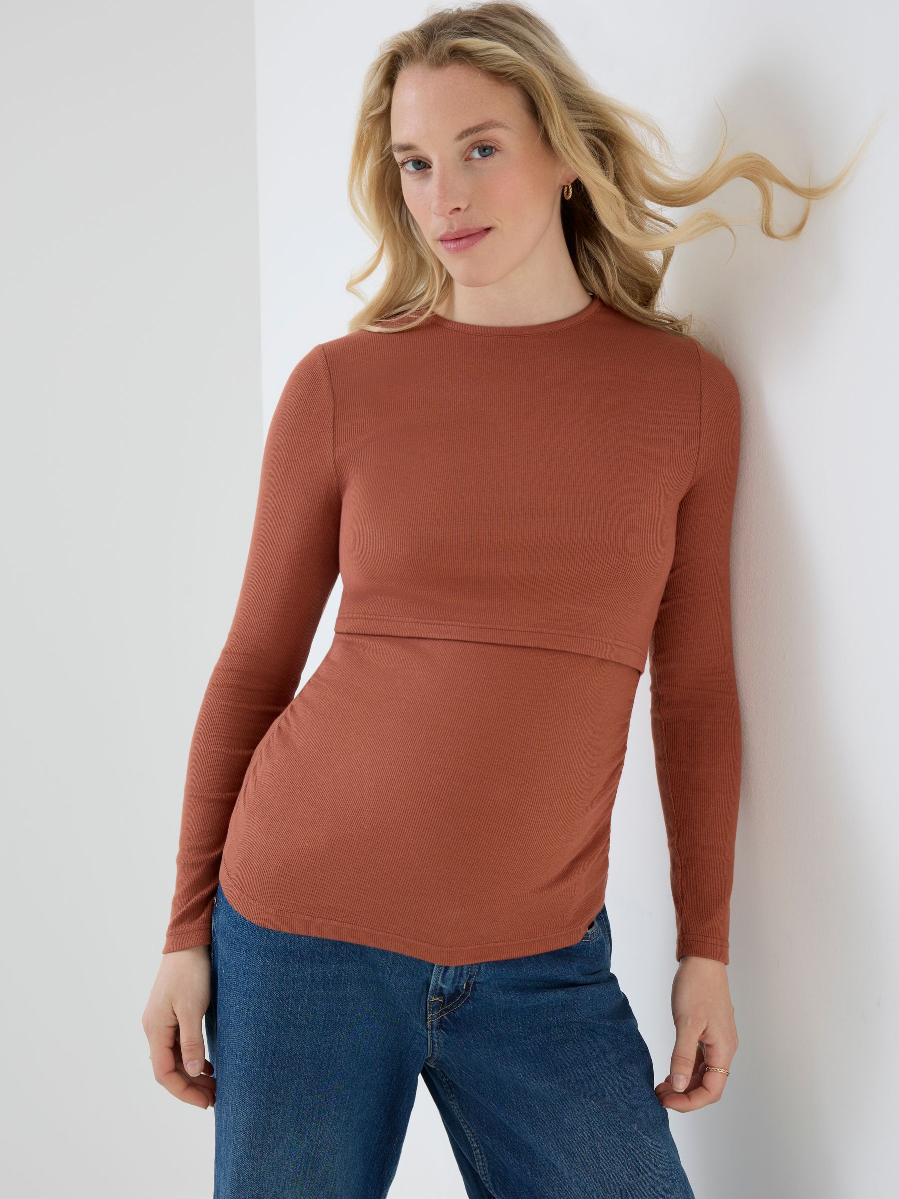 Rust Orange 2 Pack Long Sleeve Ribbed Crew Neck Nursing Top - Image 5 of 10