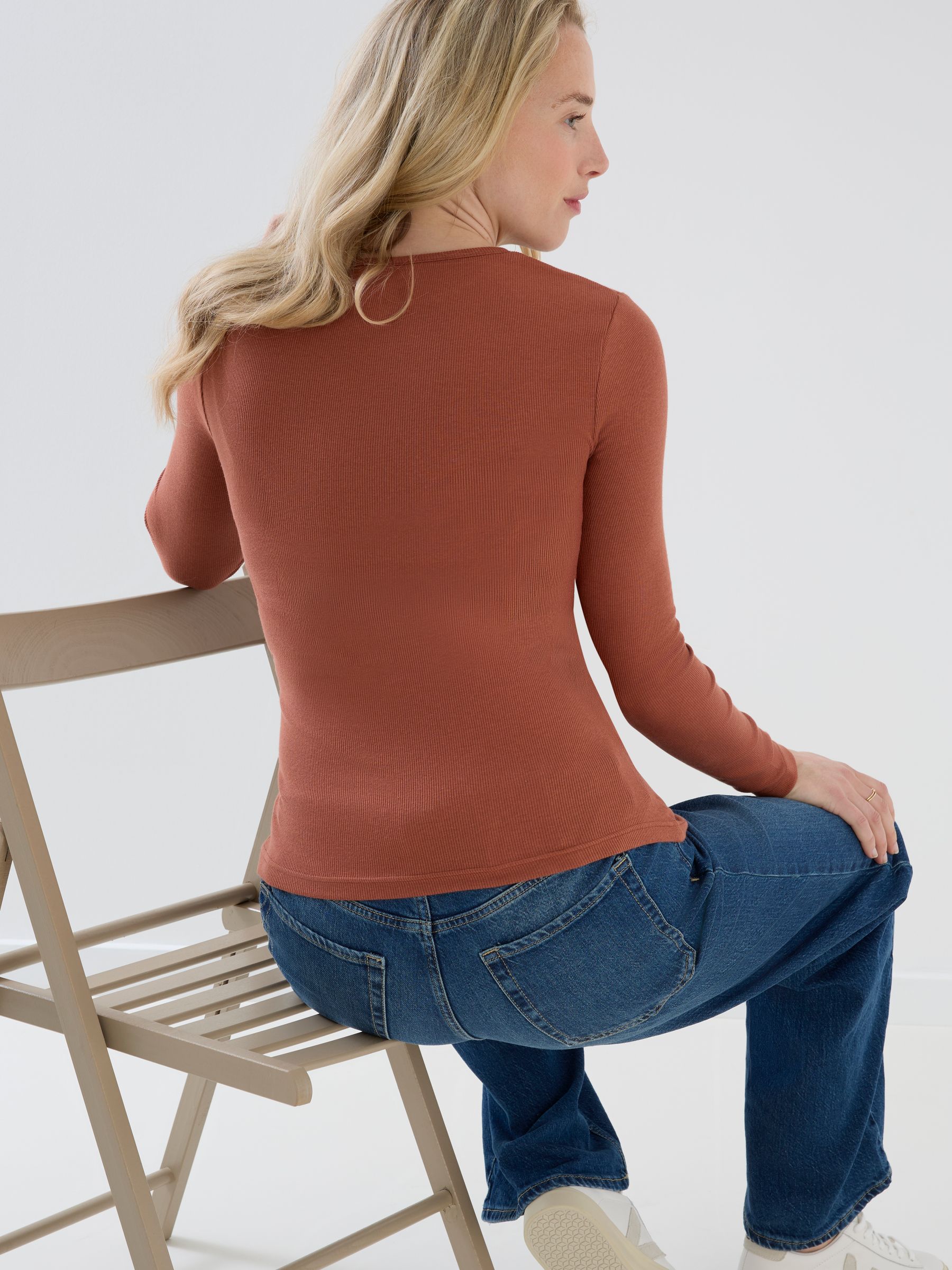 Rust Orange 2 Pack Long Sleeve Ribbed Crew Neck Nursing Top - Image 6 of 10