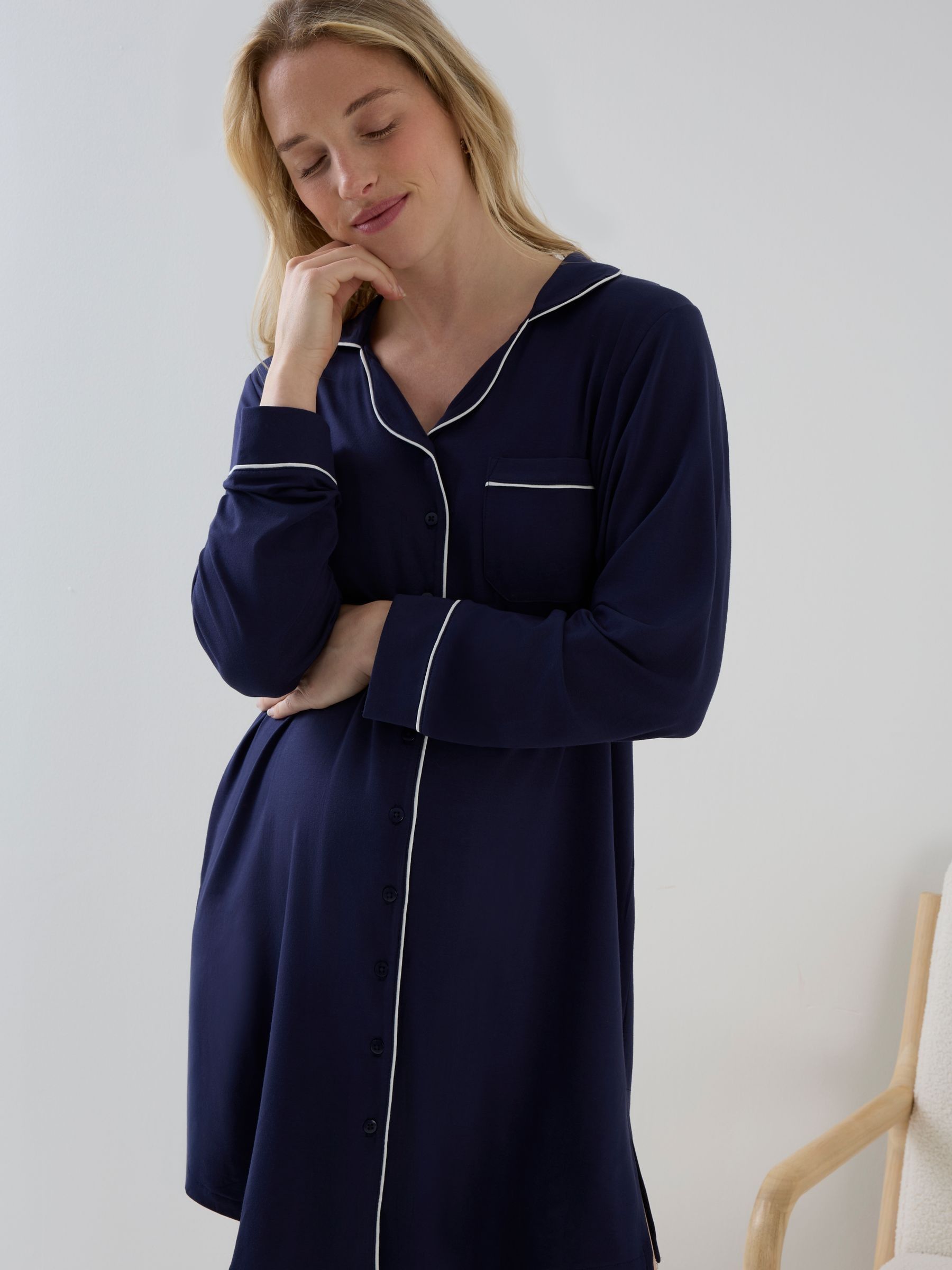 Navy Blue Long Sleeve Collared Maternity Nightdress - Image 2 of 6 Navy Blue Long Sleeve Collared Maternity Nightdress - Image 2 of 6