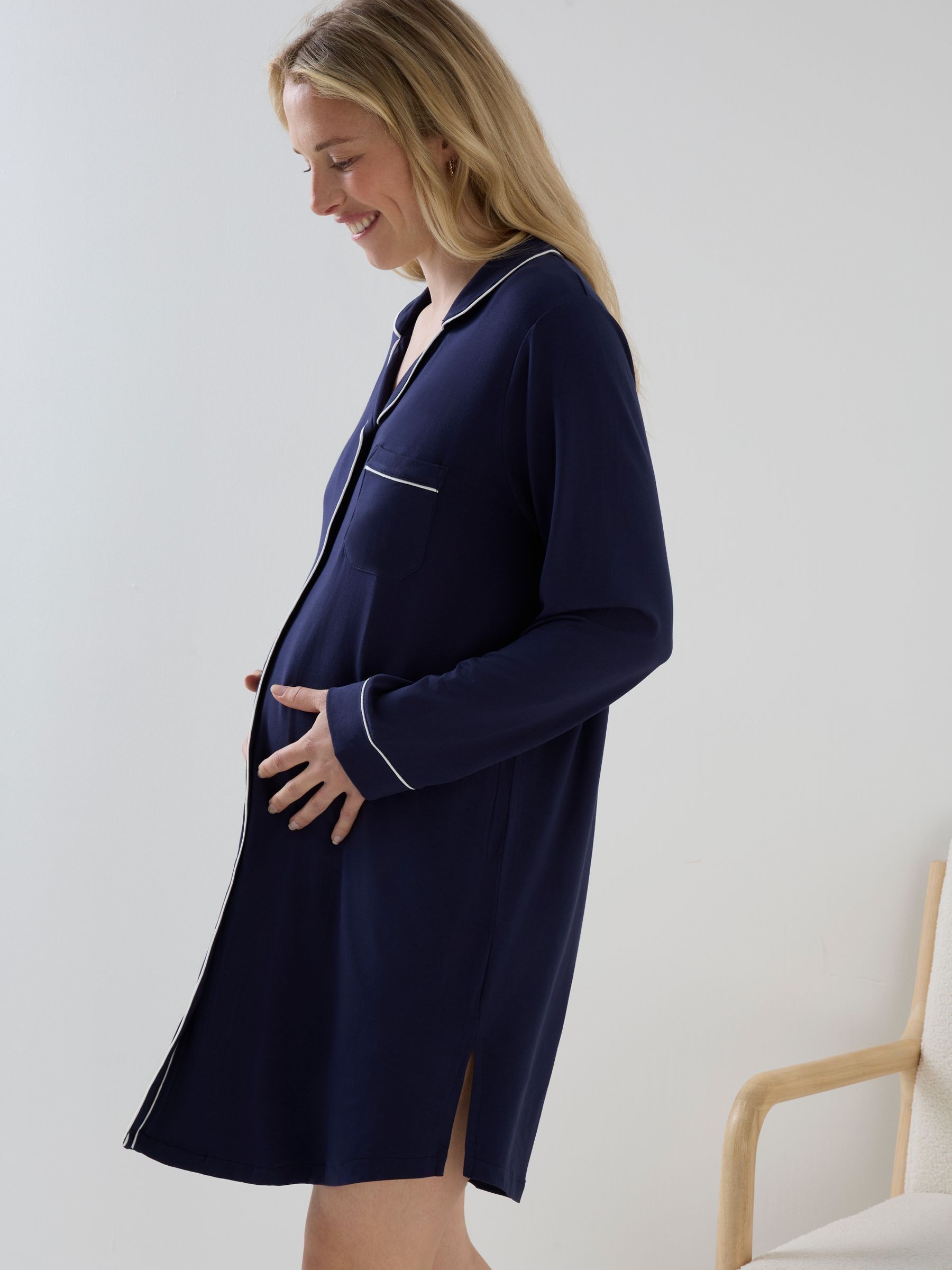 Navy Blue Long Sleeve Collared Maternity Nightdress - Image 3 of 6