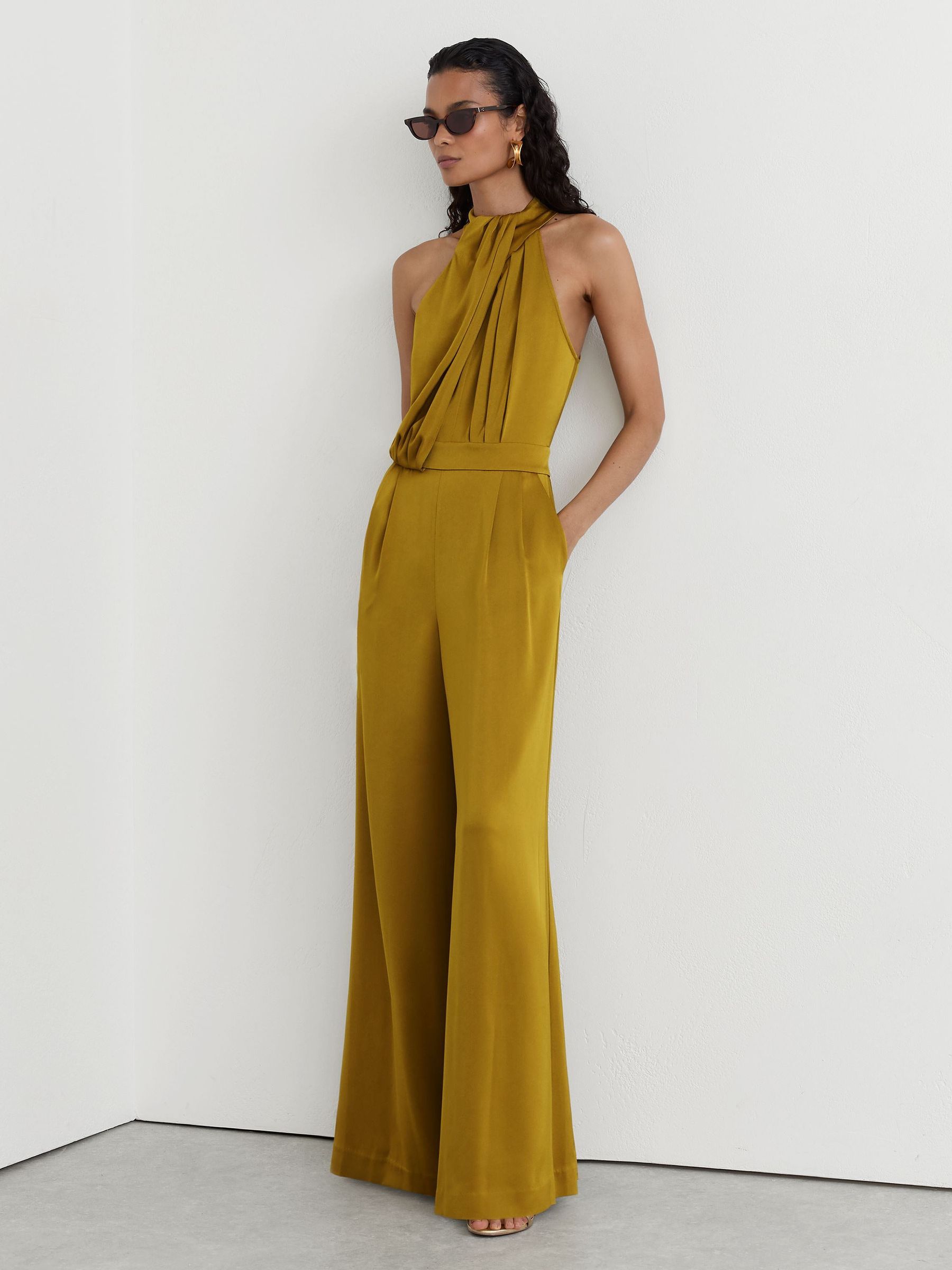 Petite Satin Draped Wide-Leg Jumpsuit in Chartreuse Green - Image 1 of 8