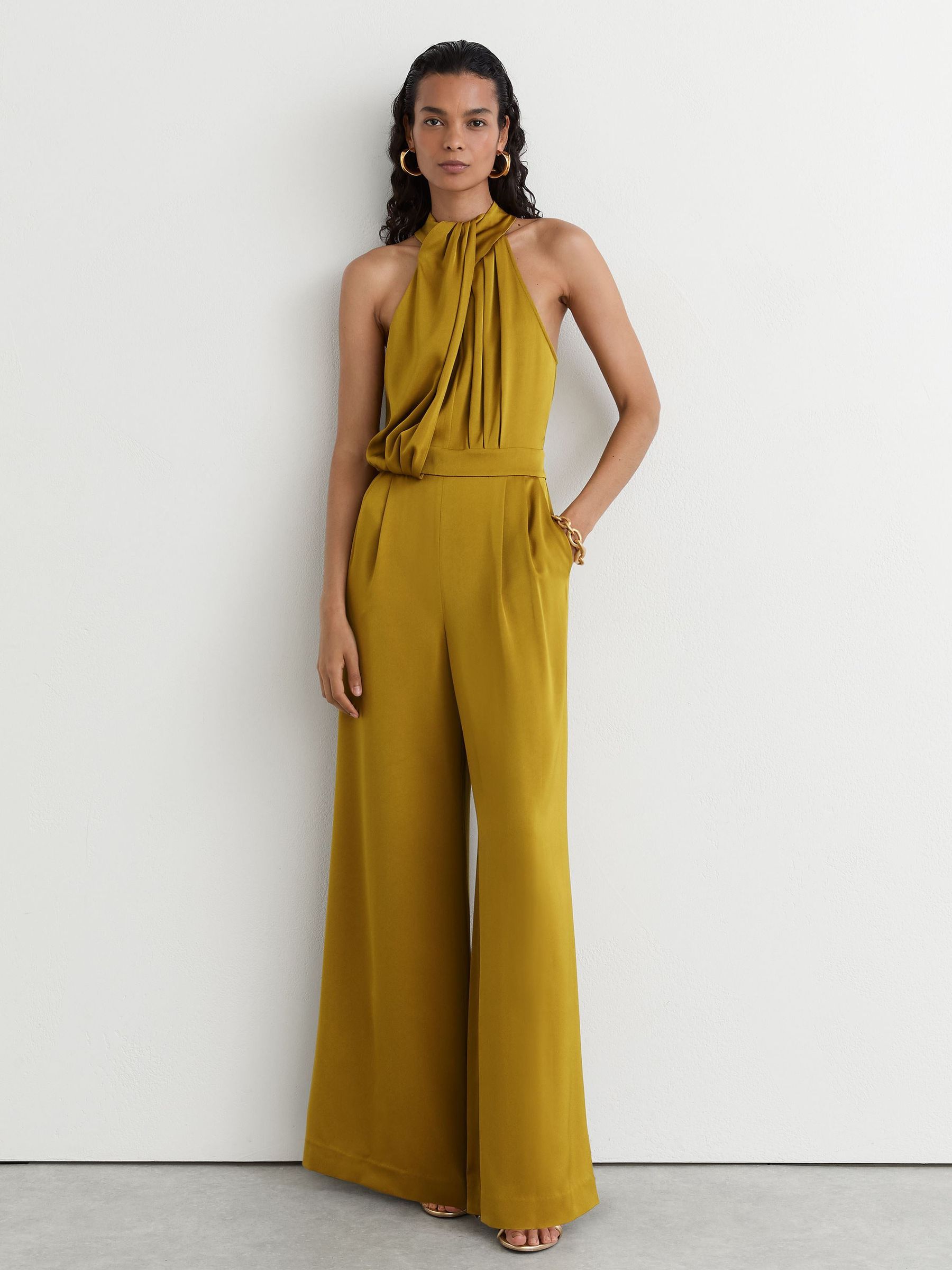 Petite Satin Draped Wide-Leg Jumpsuit in Chartreuse Green - Image 4 of 8