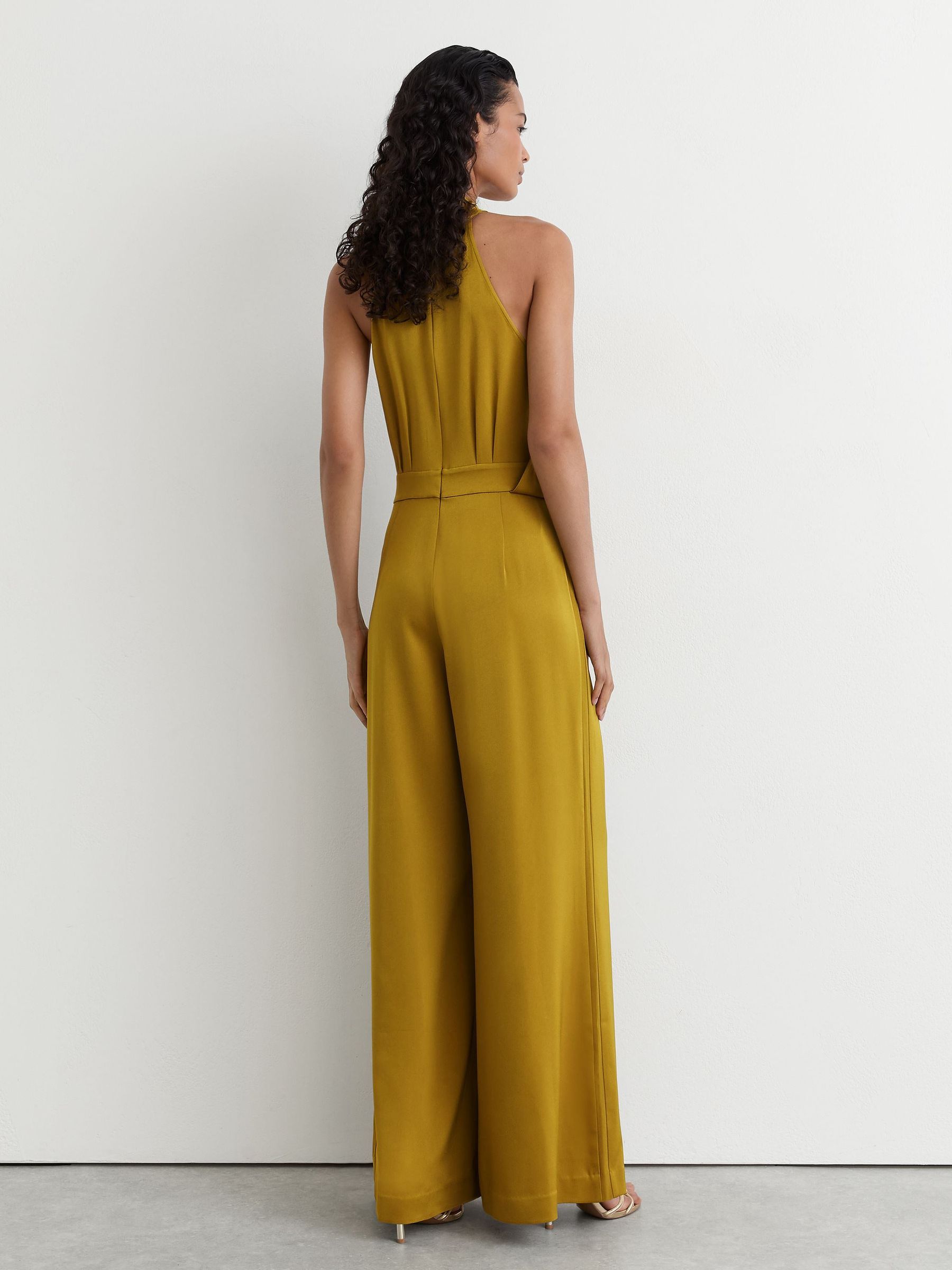 Petite Satin Draped Wide-Leg Jumpsuit in Chartreuse Green - Image 6 of 8