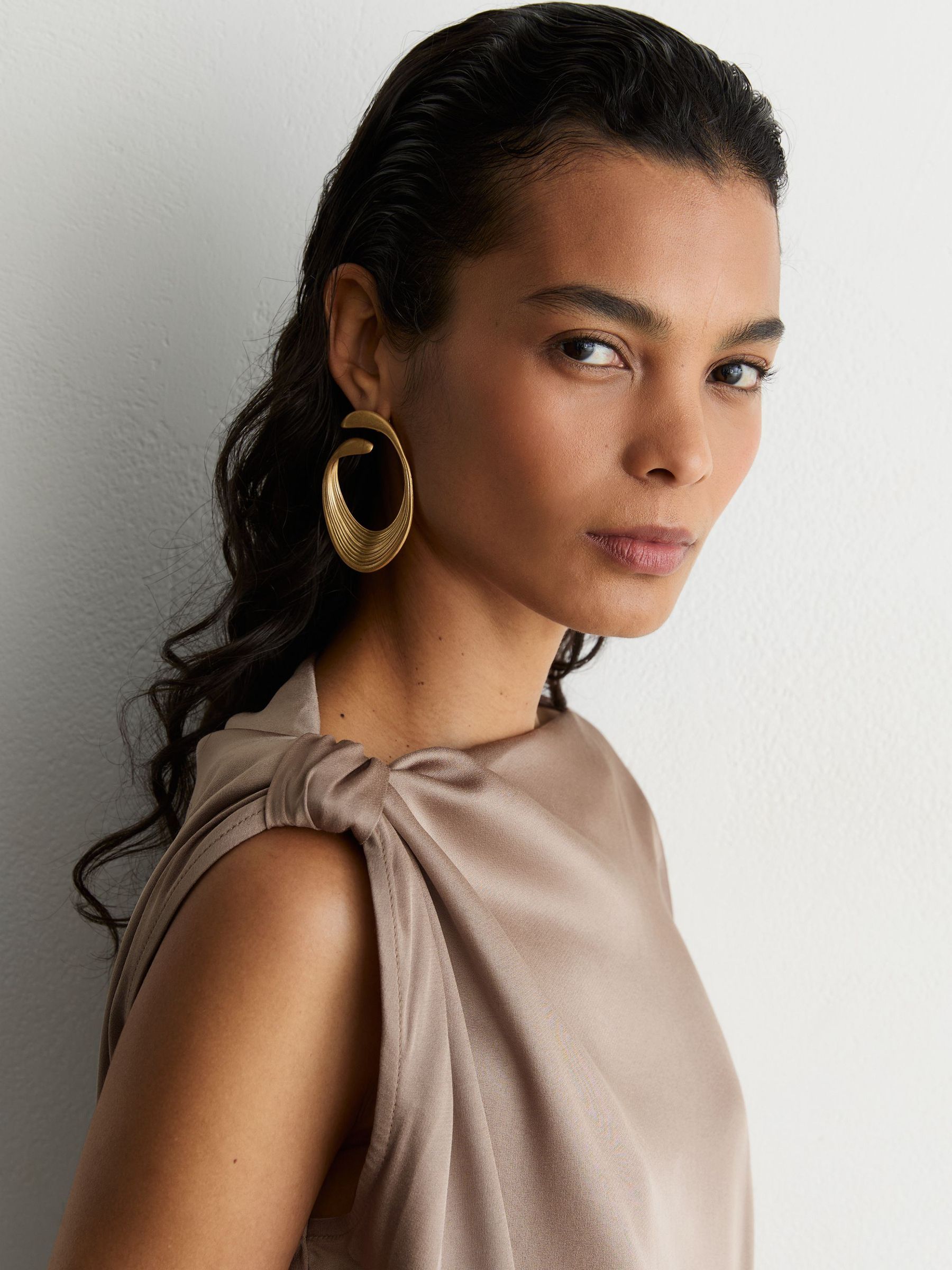 Satin Draped One-Shoulder Top in Champagne Neutral - Image 1 of 6