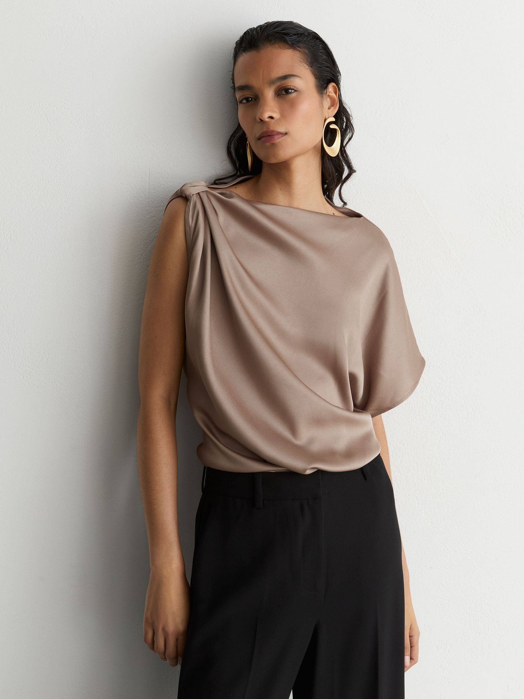 Satin Draped One-Shoulder Top in Champagne Neutral - Image 3 of 6