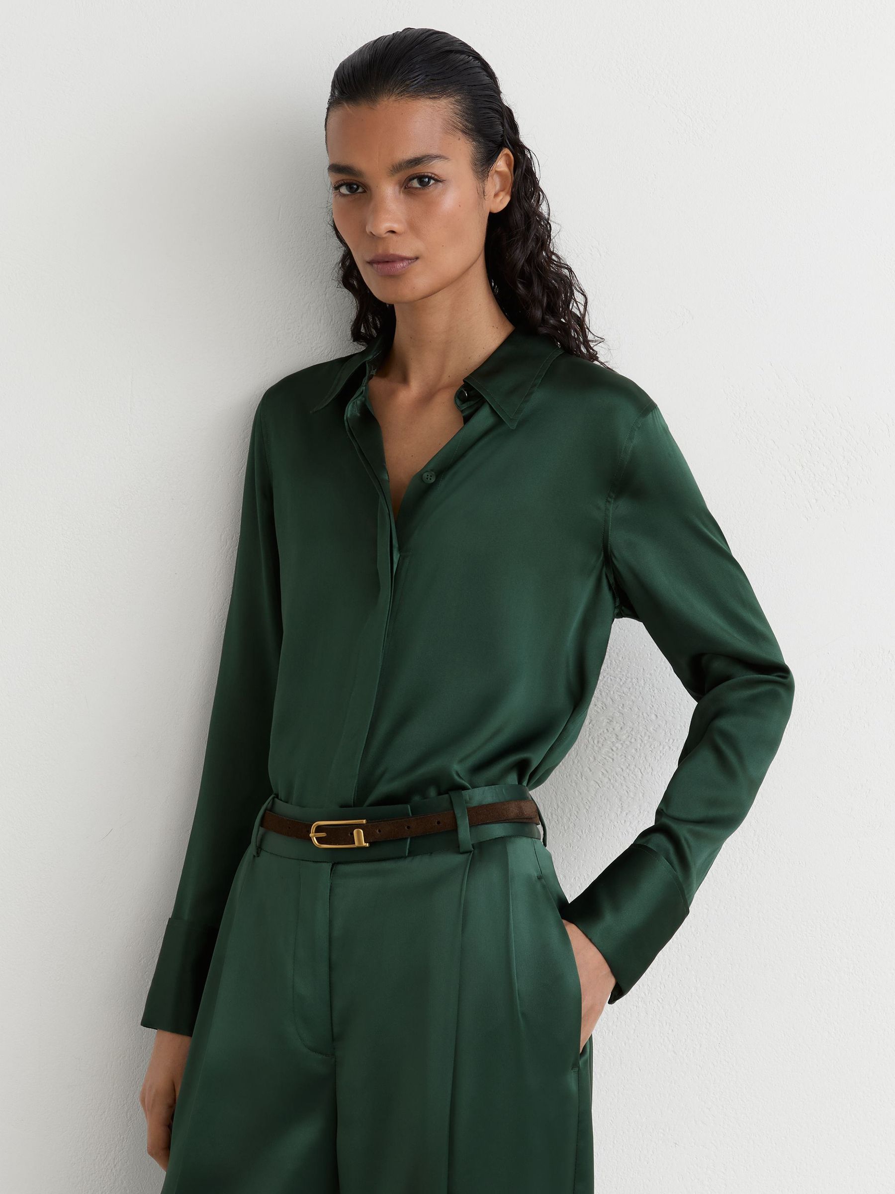 Silk-Satin Concealed-Placket Shirt in Teal Green - Image 1 of 7