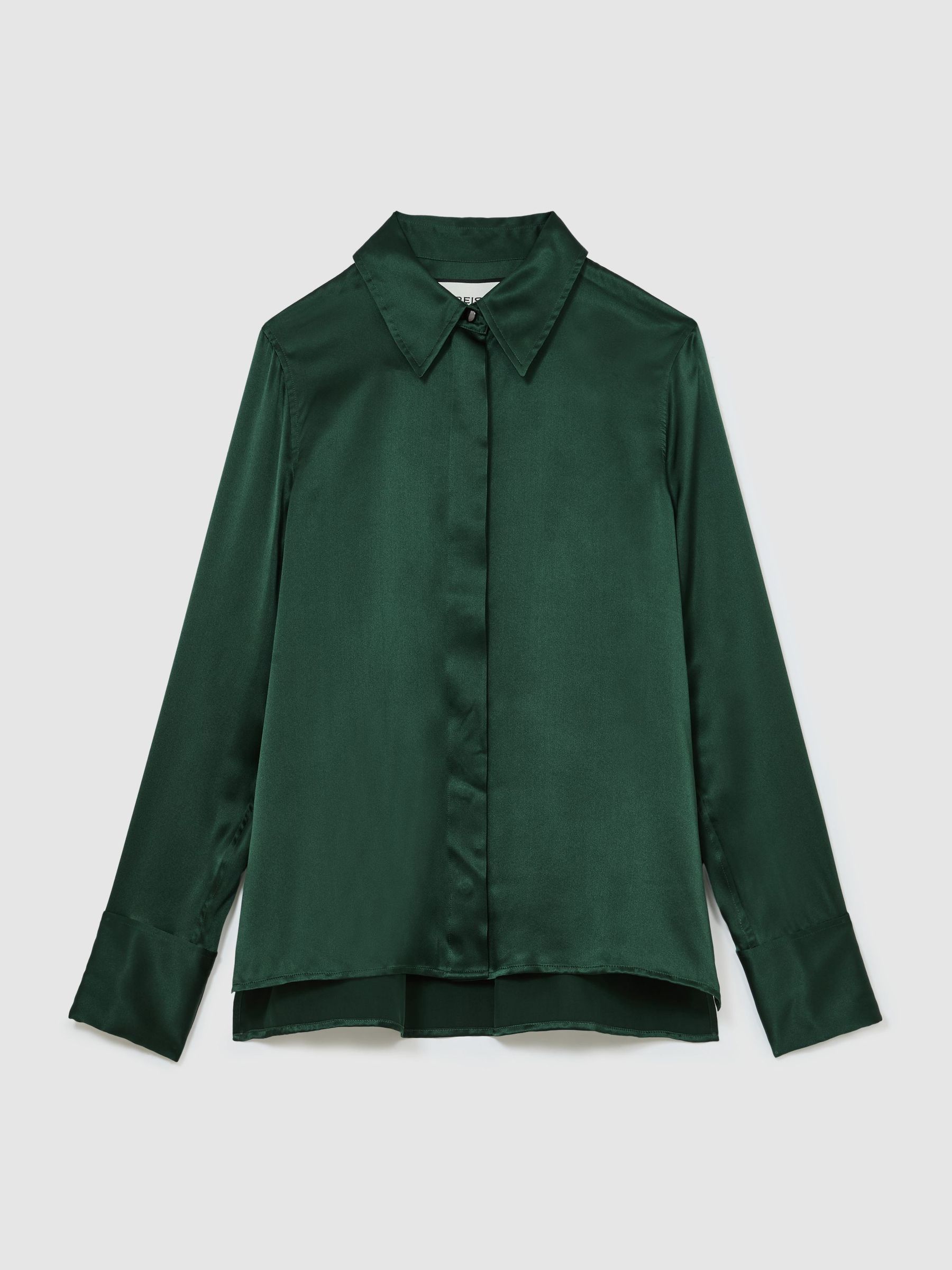 Silk-Satin Concealed-Placket Shirt in Teal Green - Image 2 of 7