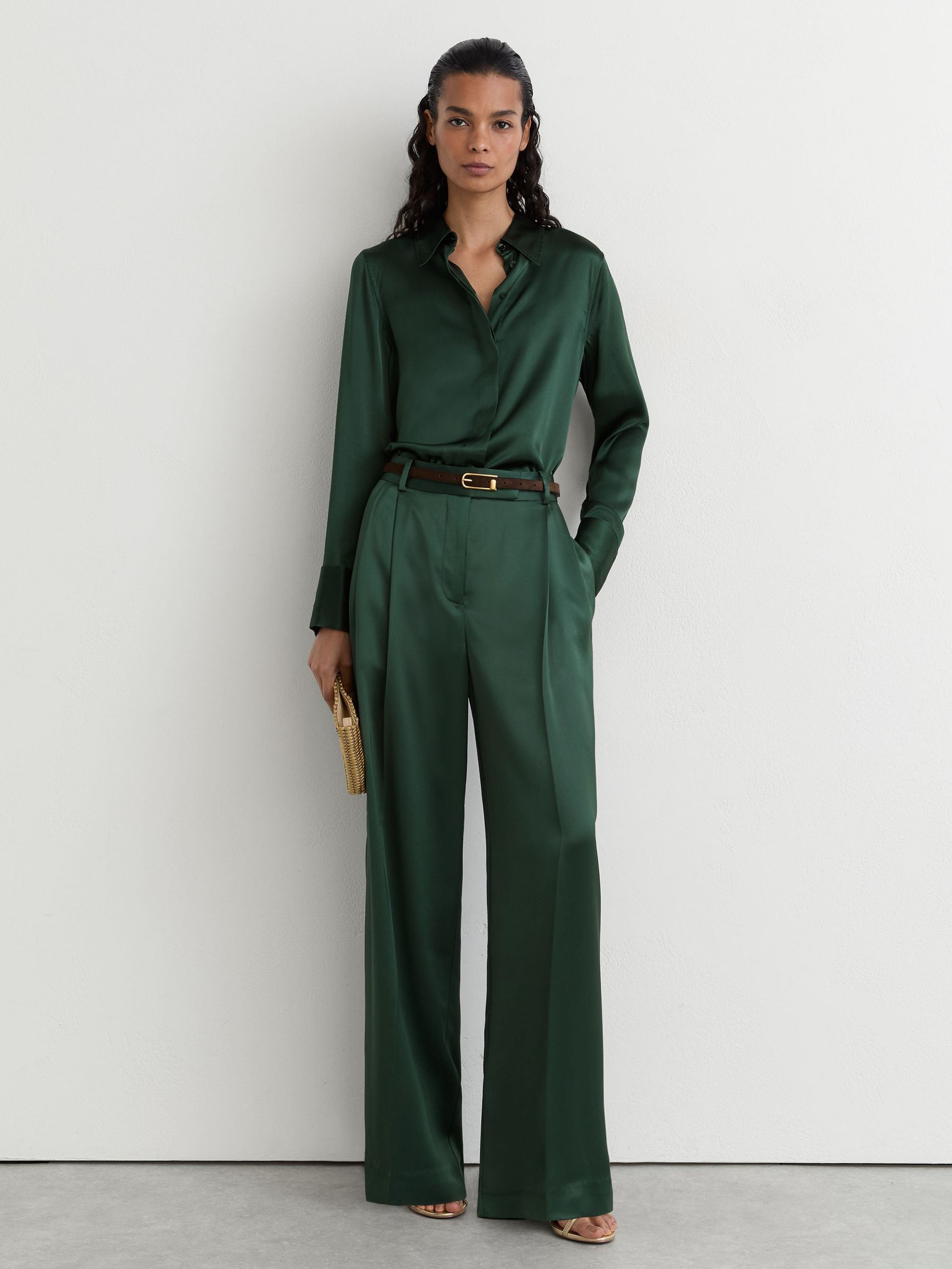 Silk-Satin Concealed-Placket Shirt in Teal Green - Image 3 of 7