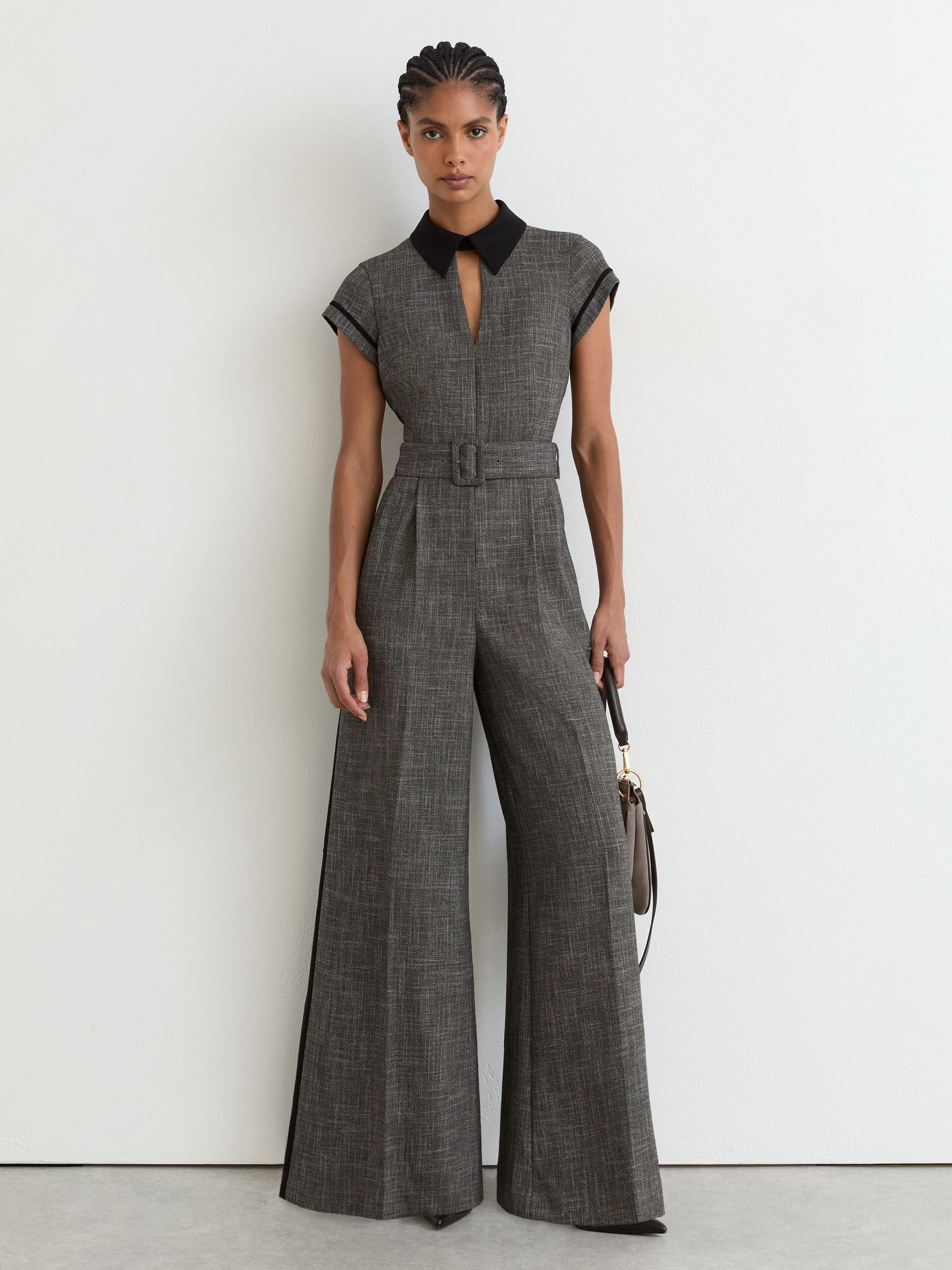 Collared Wide-Leg Belted Jumpsuit in Grey - Image 1 of 6