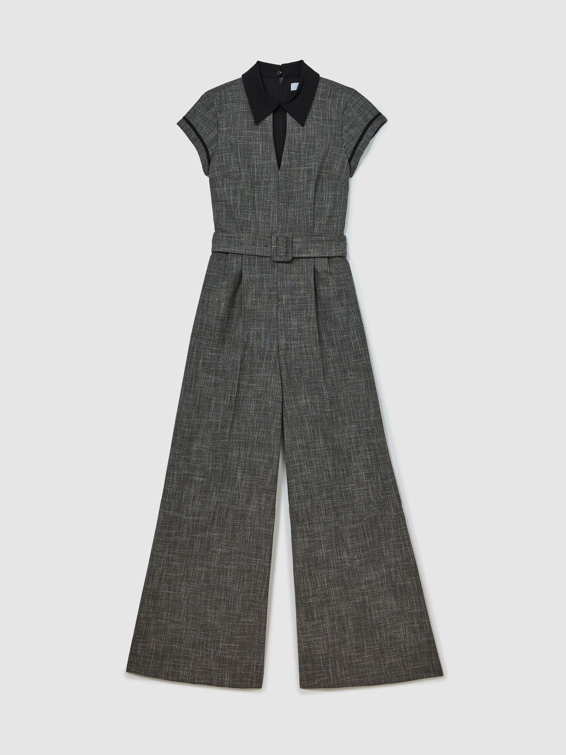 Collared Wide-Leg Belted Jumpsuit in Grey - Image 2 of 6 Collared Wide-Leg Belted Jumpsuit in Grey - Image 2 of 6