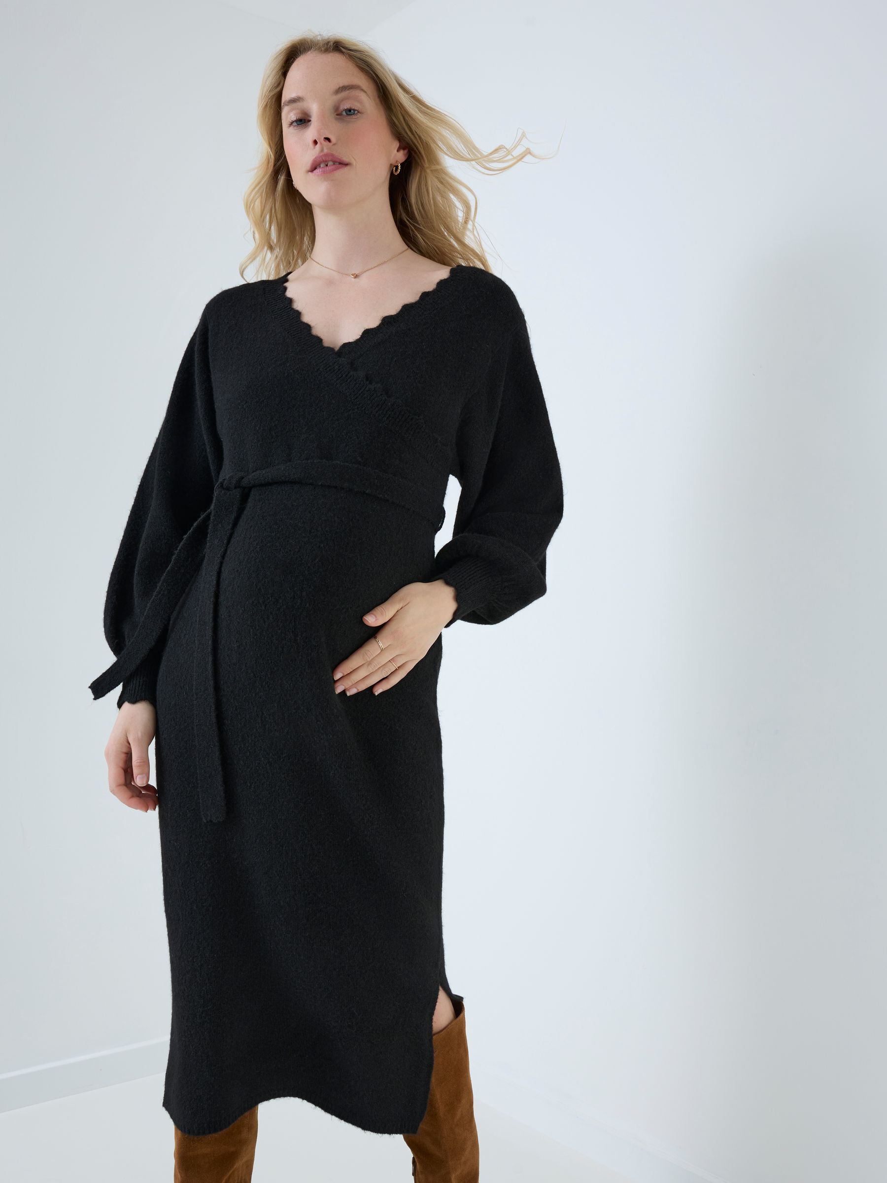 Black Blouson Sleeve Maternity Knitted Midi Dress - Image 1 of 4