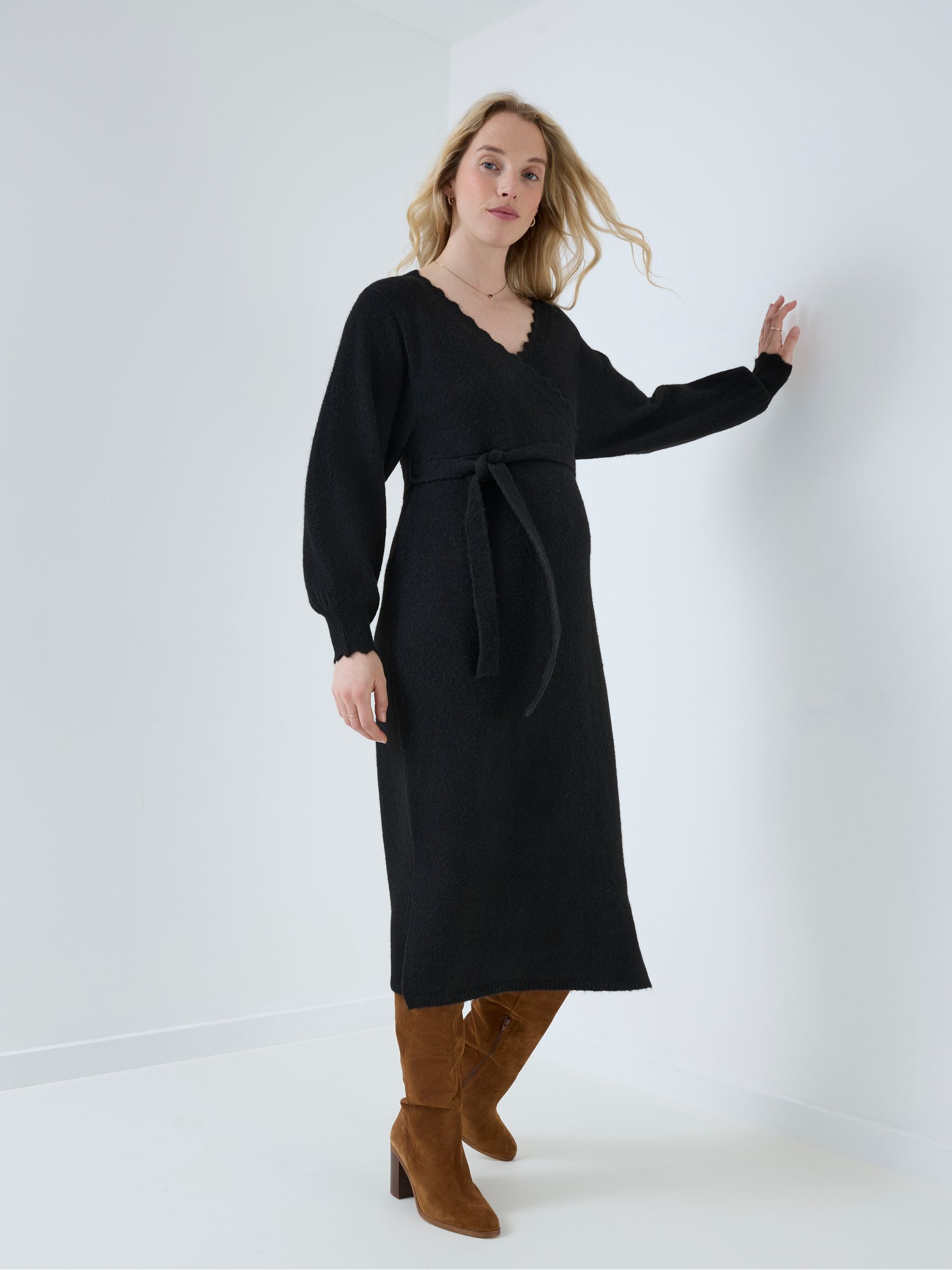 Black Blouson Sleeve Maternity Knitted Midi Dress