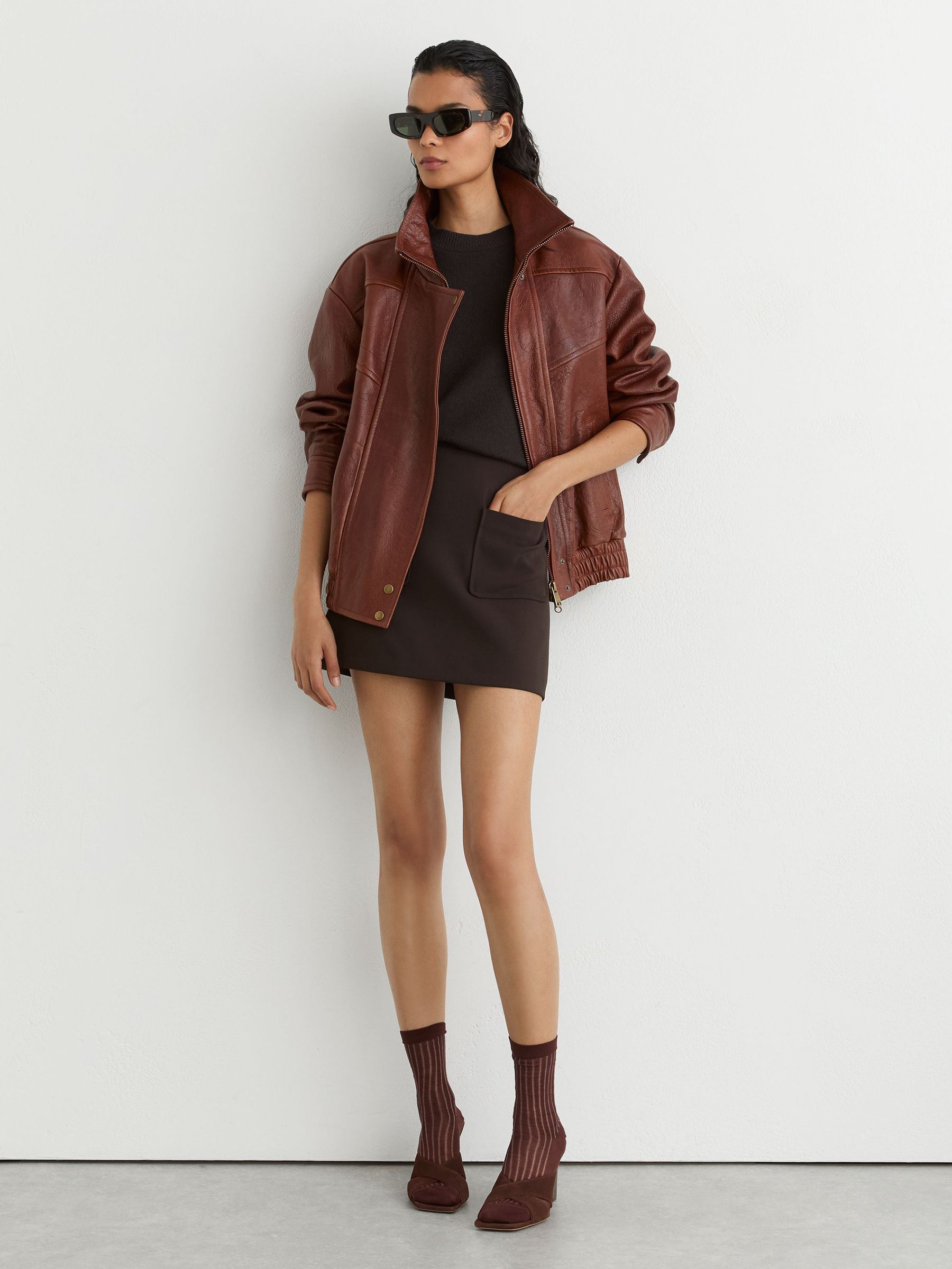 Patch-Pocket Mini Skirt with Wool in Chocolate Brown - Image 1 of 6