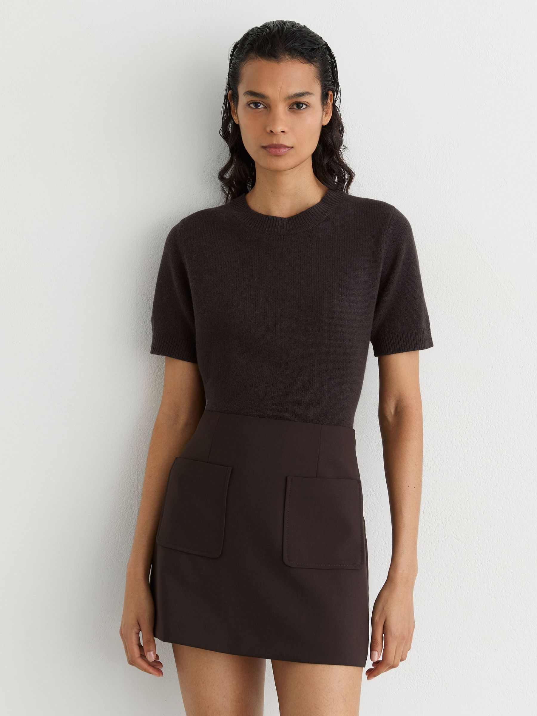 Patch-Pocket Mini Skirt with Wool in Chocolate Brown - Image 3 of 6
