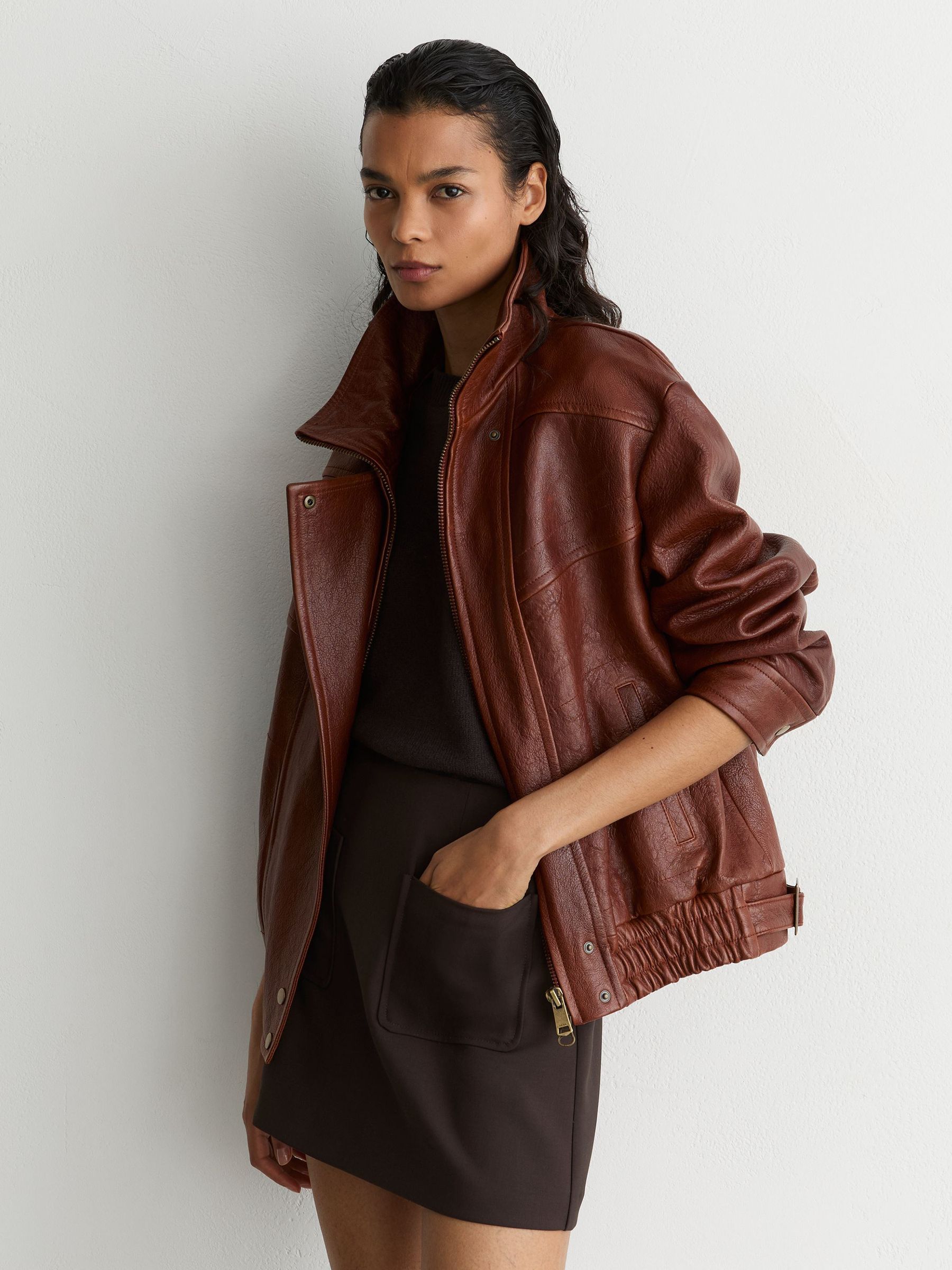 Patch-Pocket Mini Skirt with Wool in Chocolate Brown - Image 4 of 6