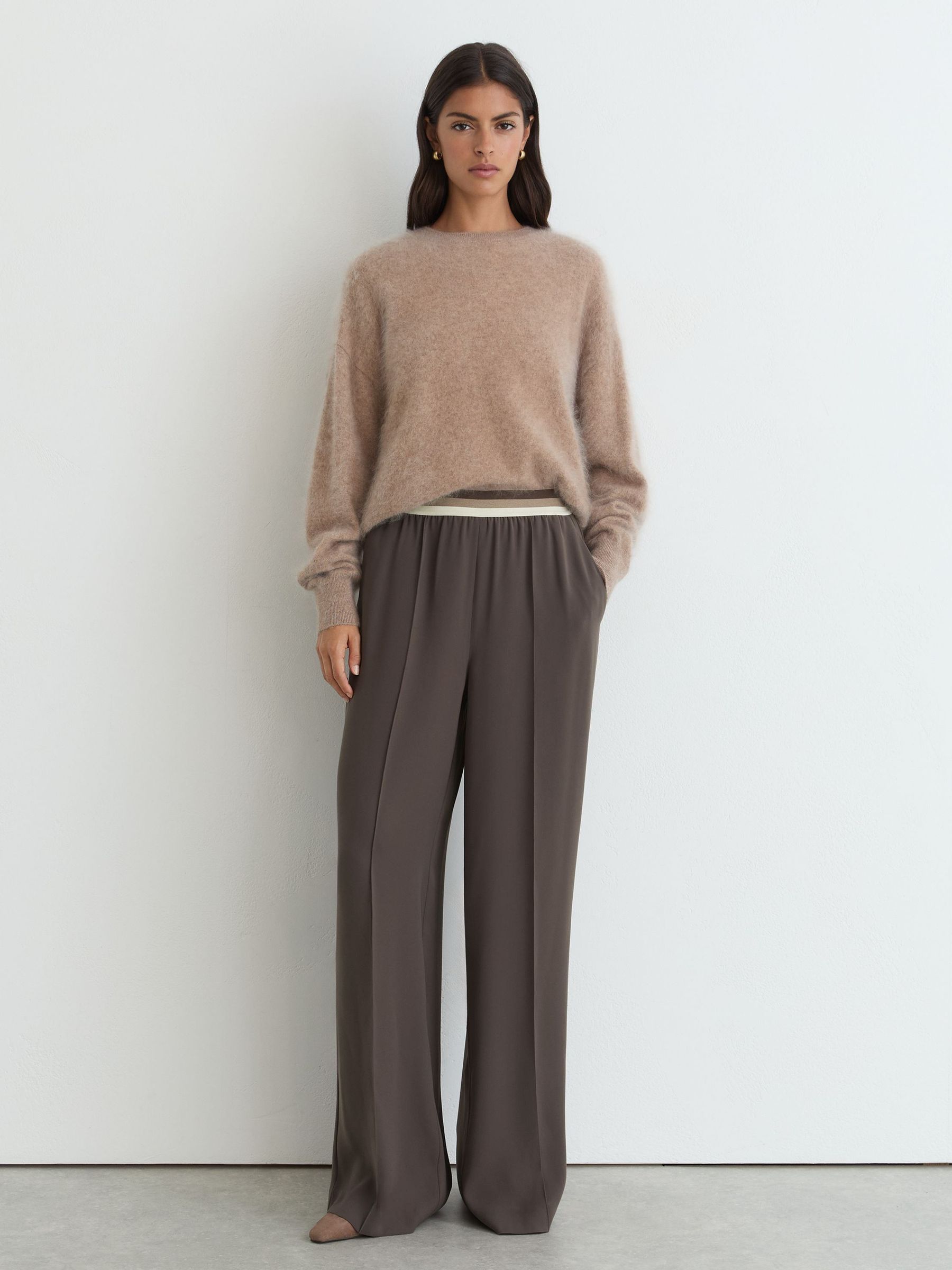 Petite Elasticated-Waist Wide-Leg Trousers in Mocha Brown - Image 1 of 7