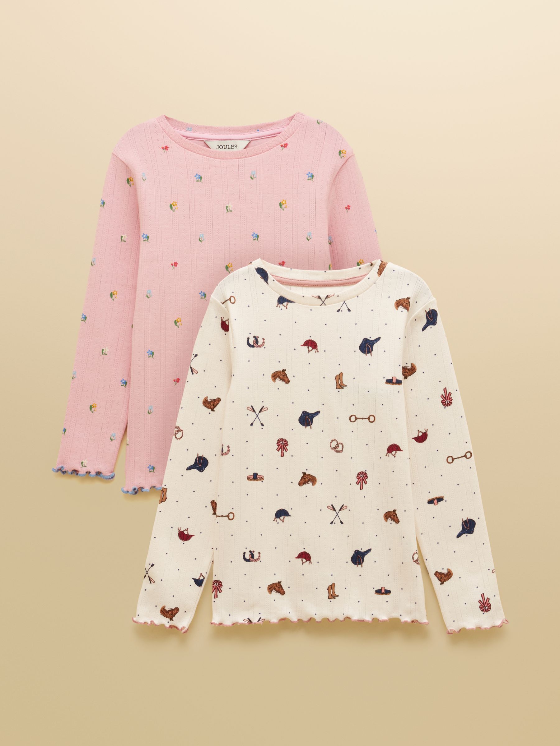 Girls' Odelia Cream & Pink Pack Of Two Long Sleeve Pointelle Tops - Image 1 of 6 Girls' Odelia Cream & Pink Pack Of Two Long Sleeve Pointelle Tops - Image 1 of 6