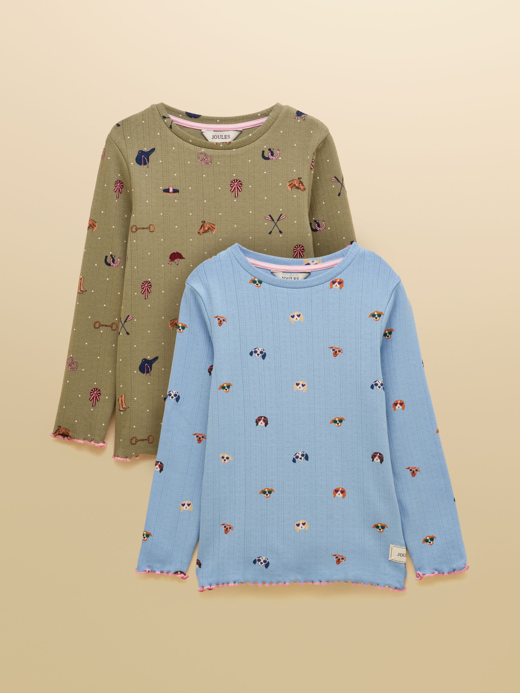 Girls' Odelia Khaki & Blue Pack Of Two Long Sleeve Pointelle Tops - Image 1 of 7
